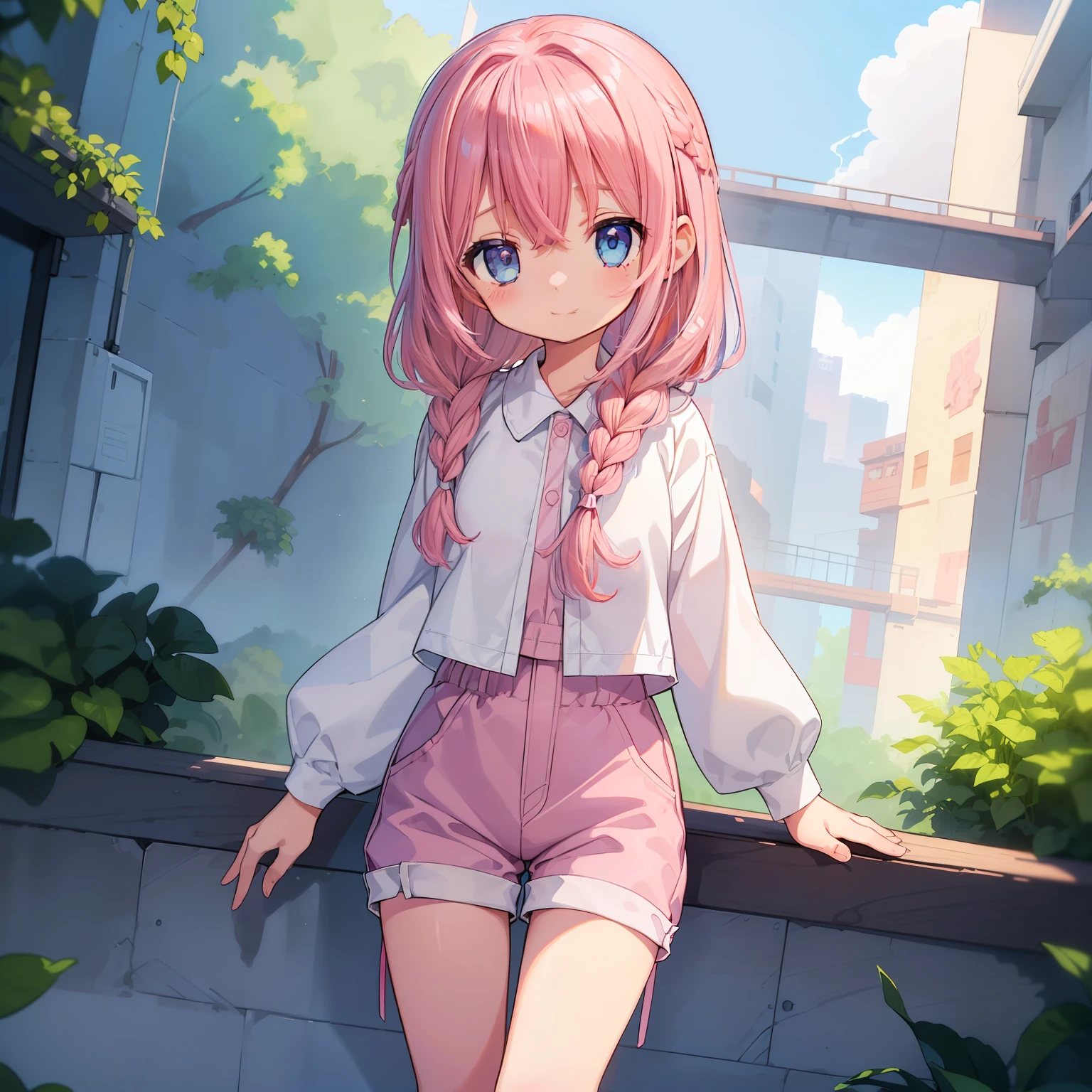 Beautiful illustration, Best Quality, (12-year-old girl)、(cute petit girl),Lori、(Tunic layered on chino shorts)、Tunics are white、(Chino shorts are pink)、(Thighs visible through the gap in chinos shorts)、Thigh gap、 Beautiful blue eyes, Cinematic lighting,A slight smil,(Long pink hair)、Braids and large ribbons on the back of the head