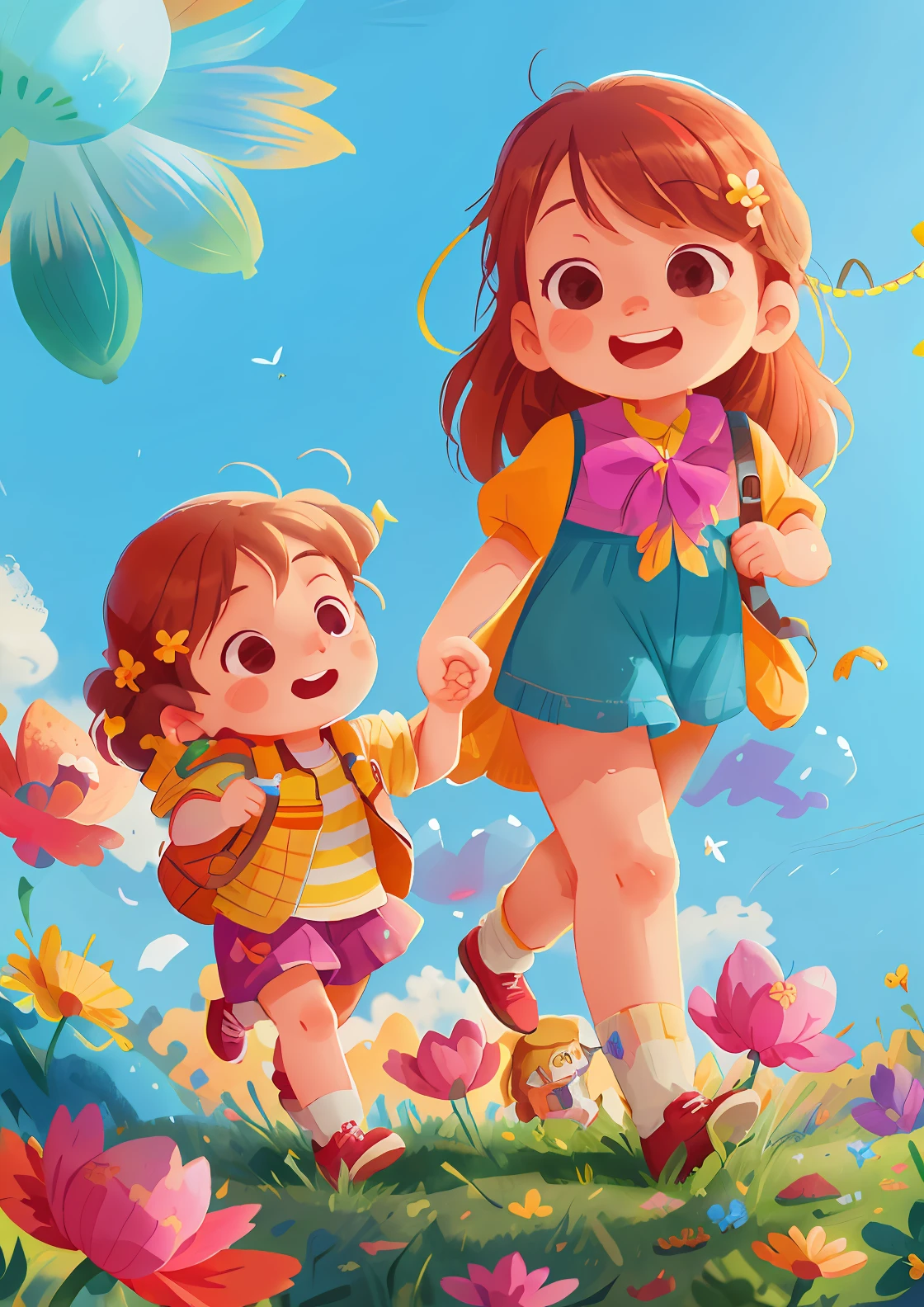Mather and mom flowers, colorful balloons floating in the sky, meadow, dancing, holding flowers, happy, happy, perfect quality, clear focus (clutter-home: 0.8), (masterpiece: 1.2) (Realistic: 1.2) (Bokeh) (Best quality) (Detailed skin: 1.3) (Intricate details) (8K) (Detail Eyes) (Sharp Focus), (Happy)