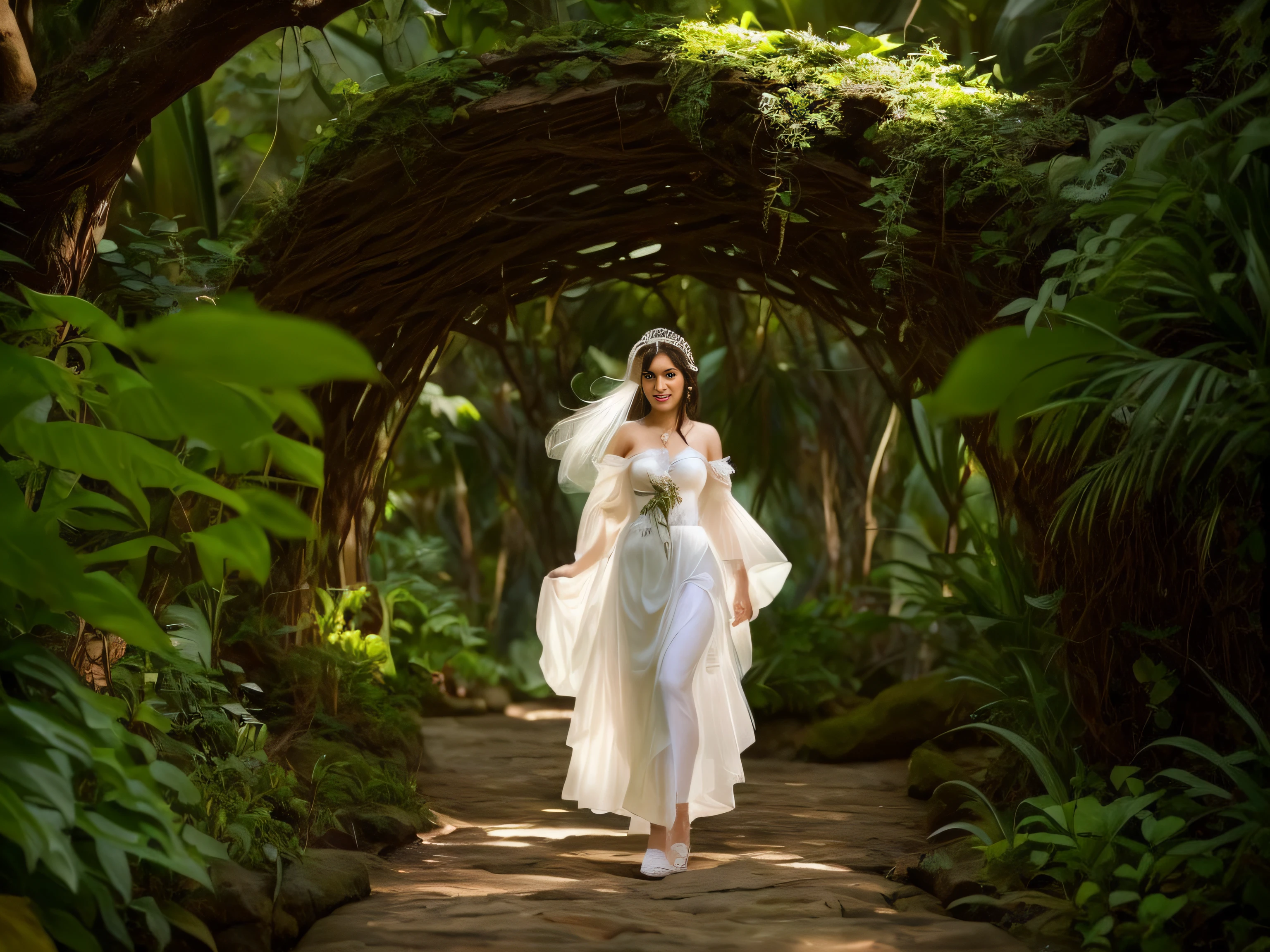 Uma mulher linda em um vestido branco leve, flowing hair, White tiara with side ties, segurando um ramo de flores, Stroll in a botanical garden, An old stone spot taken by vegetation, iluminado pela luz solar da tarde, sombras perfeitas, ambiente alegre, Arte intrincada, detalhes precisos, Foto premiada, obra-prima, 16k
