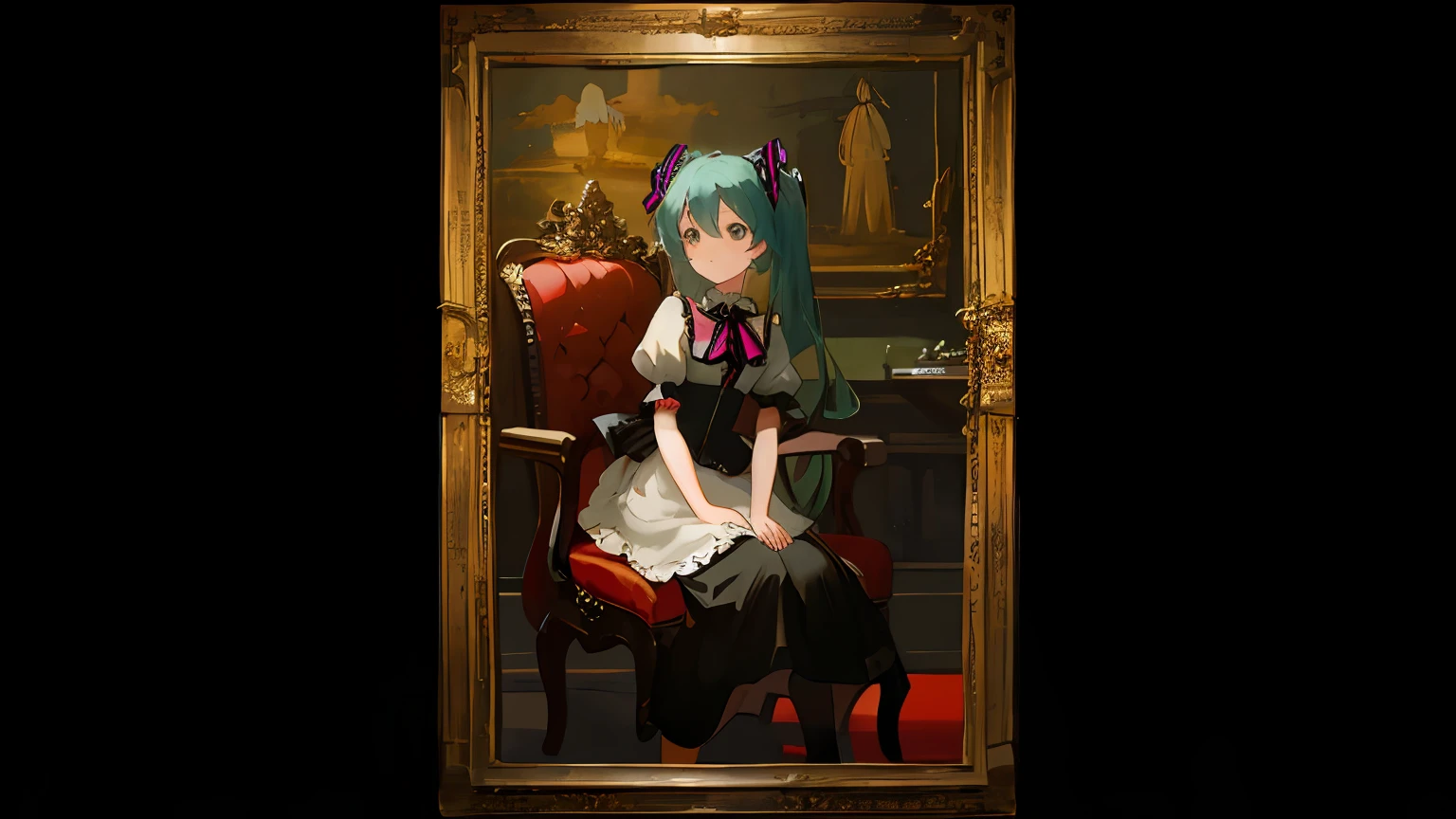 Draw a girl and a cat sitting in a chair, portrait of lolita, portrait of magical lolita girl, 2 d art, 2D art, Official artwork HDR, Gothic painting, ornate portrait, drawn in anime painter studio, gothic princess portrait, baroque visual kei decora art, detailed 3d gothic oil painting, hatsune miku portrait, artwork of a, anime artsyle，stately，Weiyi，Solemn