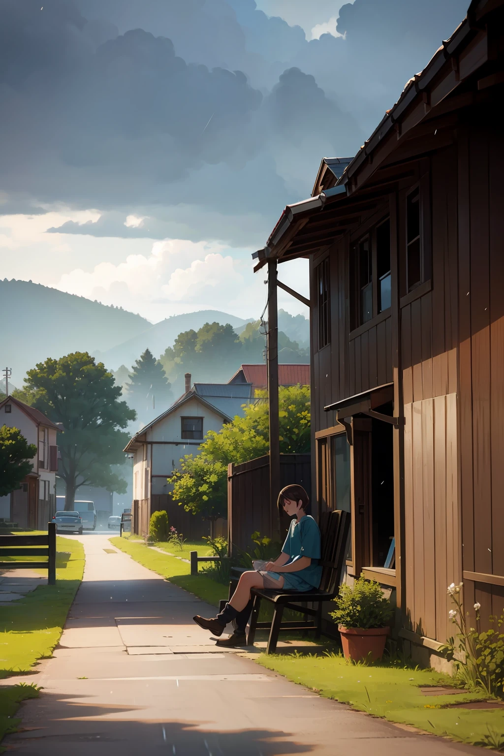 rural town, raining, house, cat, bench, tree, old