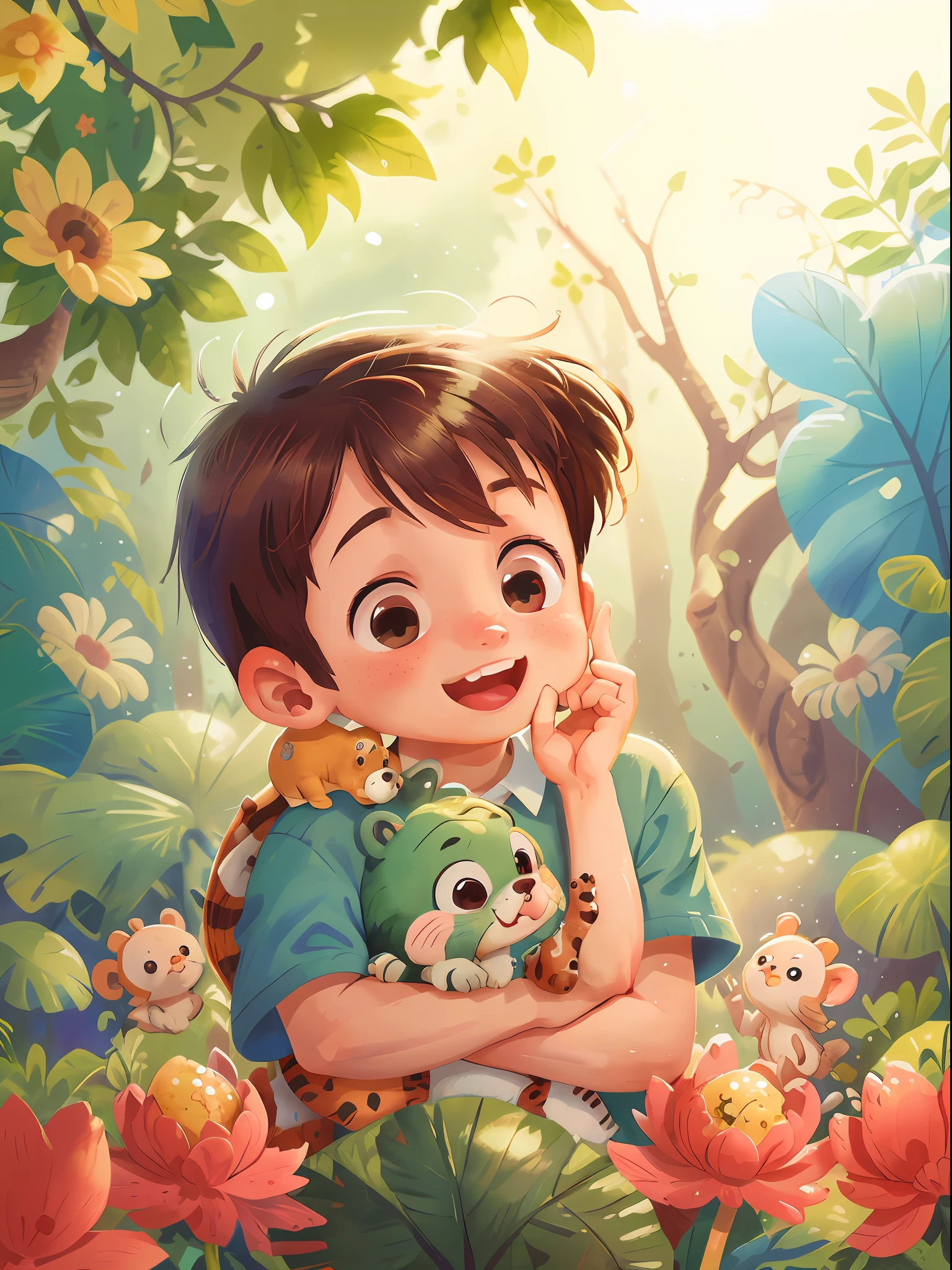 A boy, zoo, many animals, happy, happy, perfect quality, clear focus (clutter - home: 0.8), (masterpiece: 1.2) (realistic: 1.2) (bokeh) (best quality) (detailed skin: 1.3) (intricate details) (8K) (detail eyes) (sharp focus), (happy)