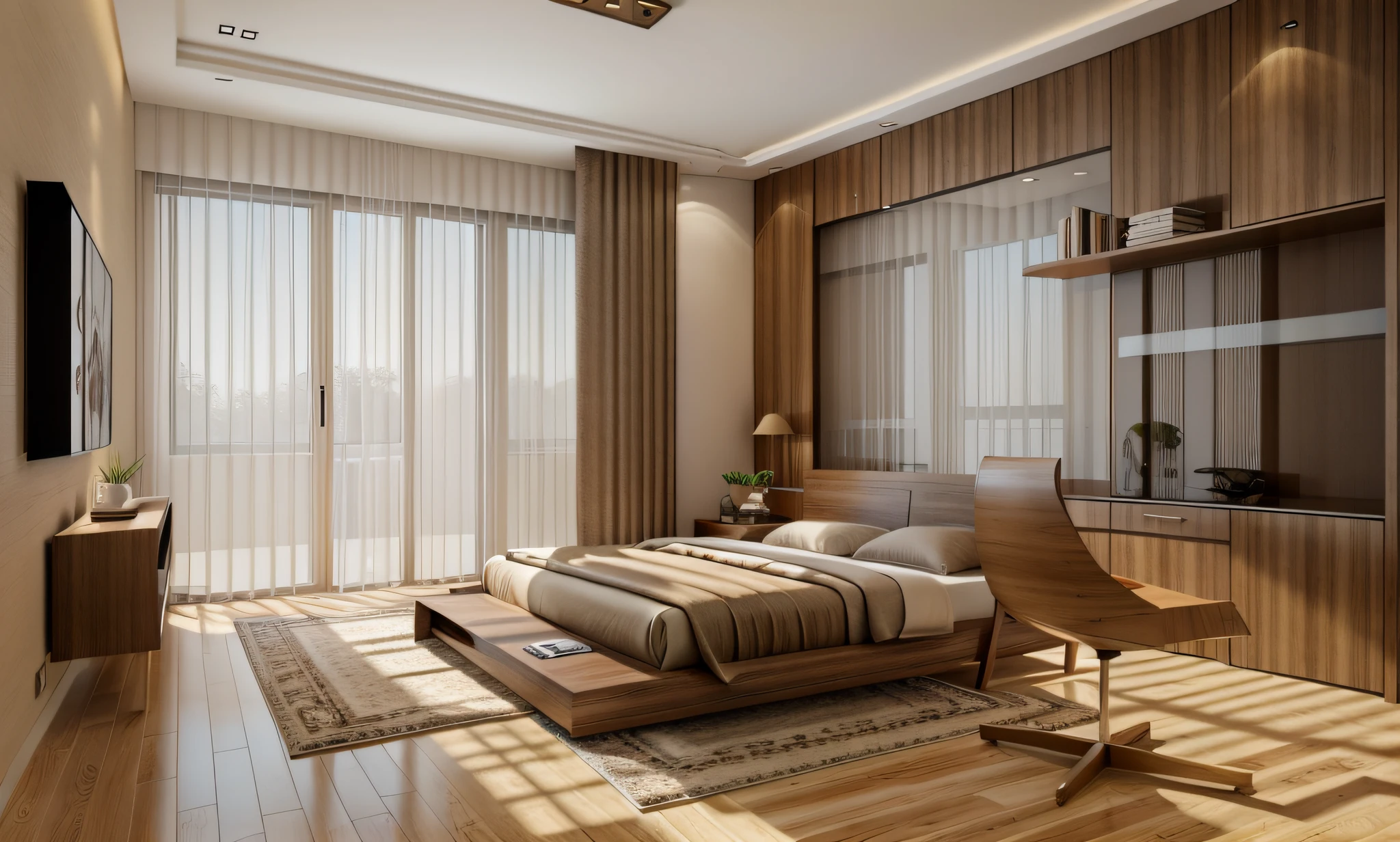 Masterpiece, high quality, best quality, authentic, super realistic, super detail, interior,modern bedroom, rug,wooden floor,window,curtains,daylight,vray