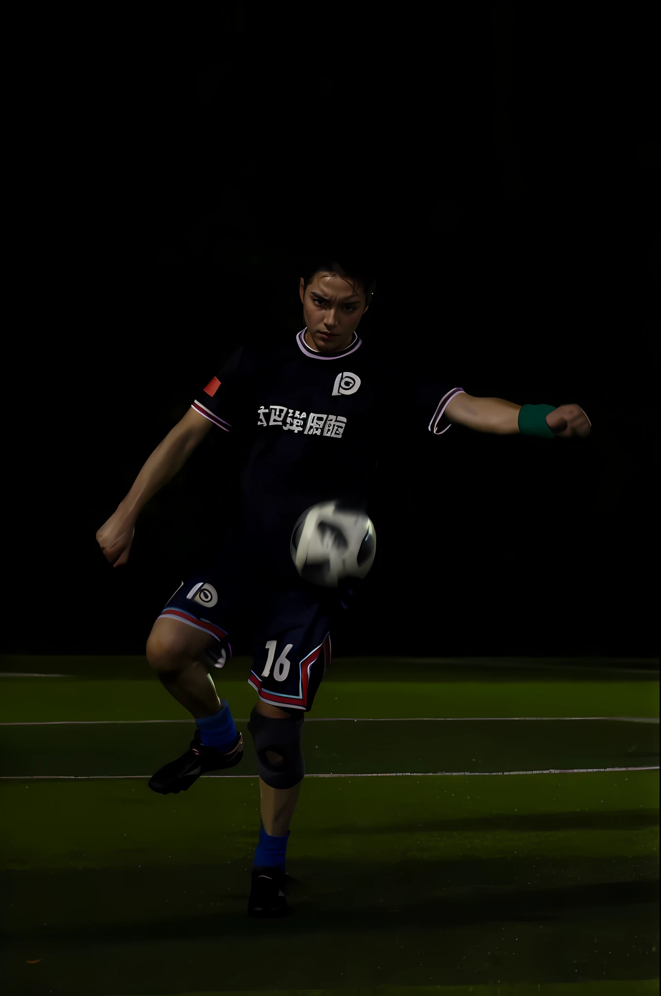 They play football on the pitch at night, taken with canon 8 0 d, action  shot, play soccer, best qualtiy， tmasterpiece， 超A high resolution， （realisticlying：1.5）， RAW photogr，in the darkness nigth， deep shading， low tune， cold light， short detailed hair，Black hair, surrealism, surrealism, Cinematic lighting, 8K, Super detail, High details, High quality, Award-Awarded, A high resolution, 16k, Anatomically correct, Textured skin