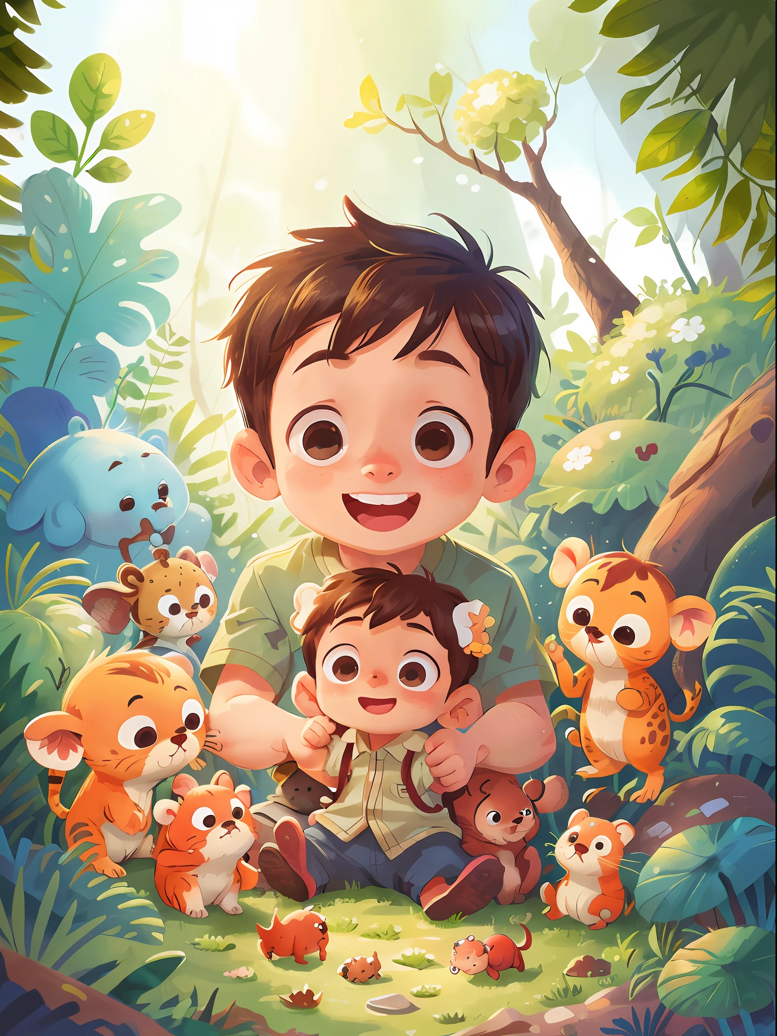 A boy, zoo, many animals, happy, happy, perfect quality, clear focus (clutter - home: 0.8), (masterpiece: 1.2) (realistic: 1.2) (bokeh) (best quality) (detailed skin: 1.3) (intricate details) (8K) (detail eyes) (sharp focus), (happy)
