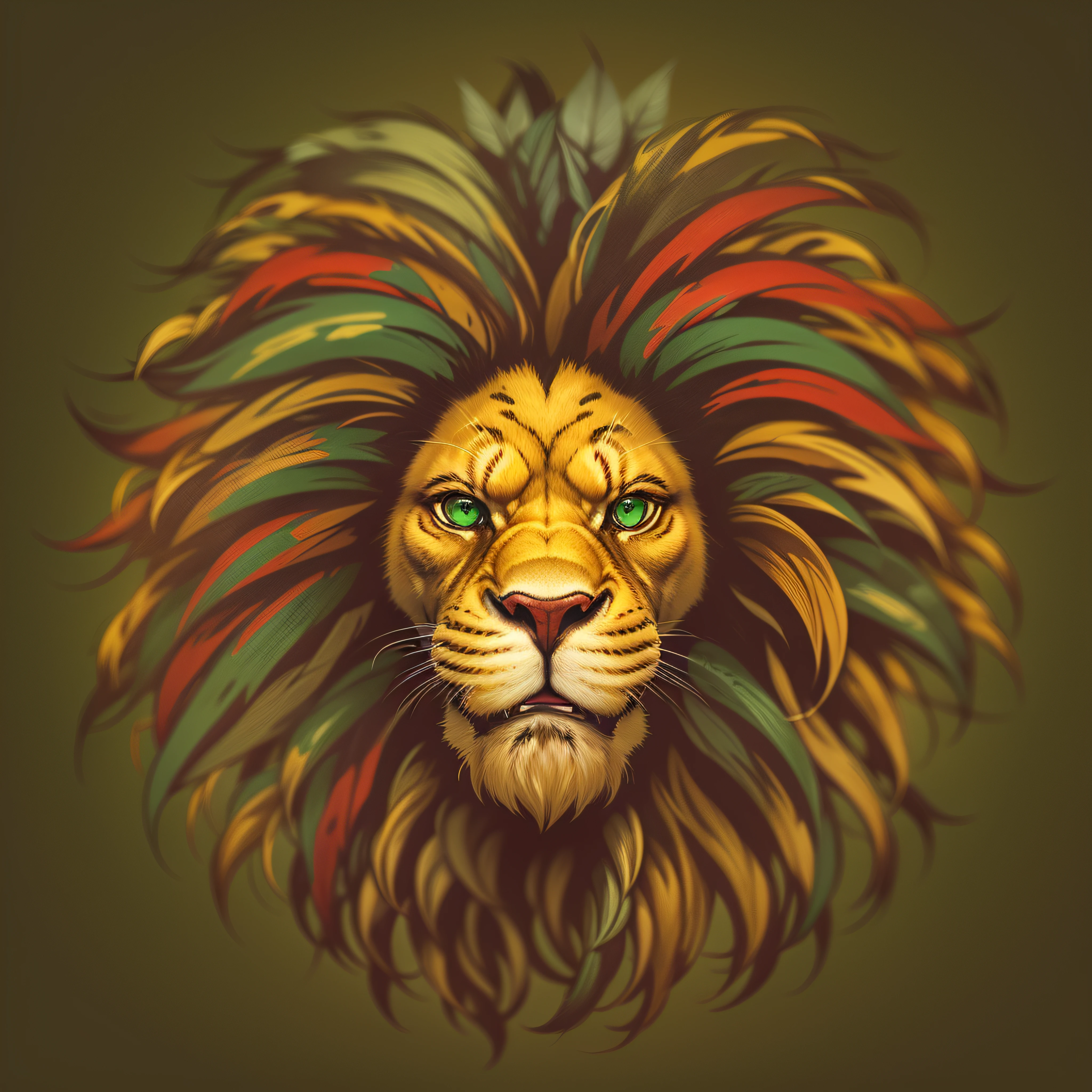 "Generate a modern logo with a unique graphic style, with the head of a stylized old lion with dreadlocks hair in green colors, vermelho e amarelo, rastafari accessories in hair in golden color, confident look forward and sarcastic smile, e letras ousadas 'Rootsy' em cores contrastantes. "Image with a resolution of at least 300 dpi, imagem vetorial
