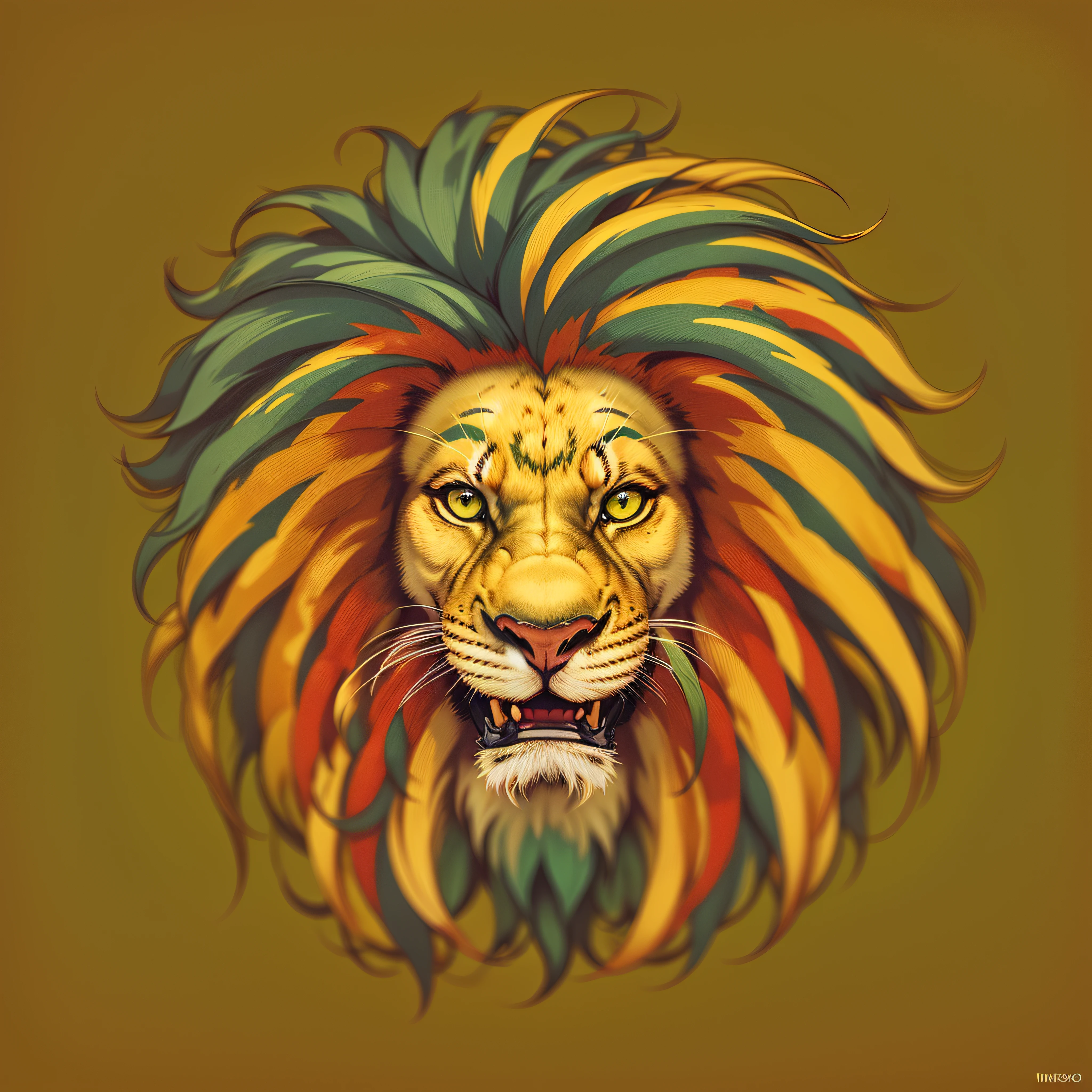 "Generate a modern logo with a unique graphic style, with the head of a stylized old lion with dreadlocks hair in green colors, vermelho e amarelo, rastafari accessories in hair in golden color, confident look forward and sarcastic smile, imagem hiper-realista e letras ousadas 'Rootsy' em cores contrastantes. "Image with a resolution of at least 300 dpi, imagem vetorial