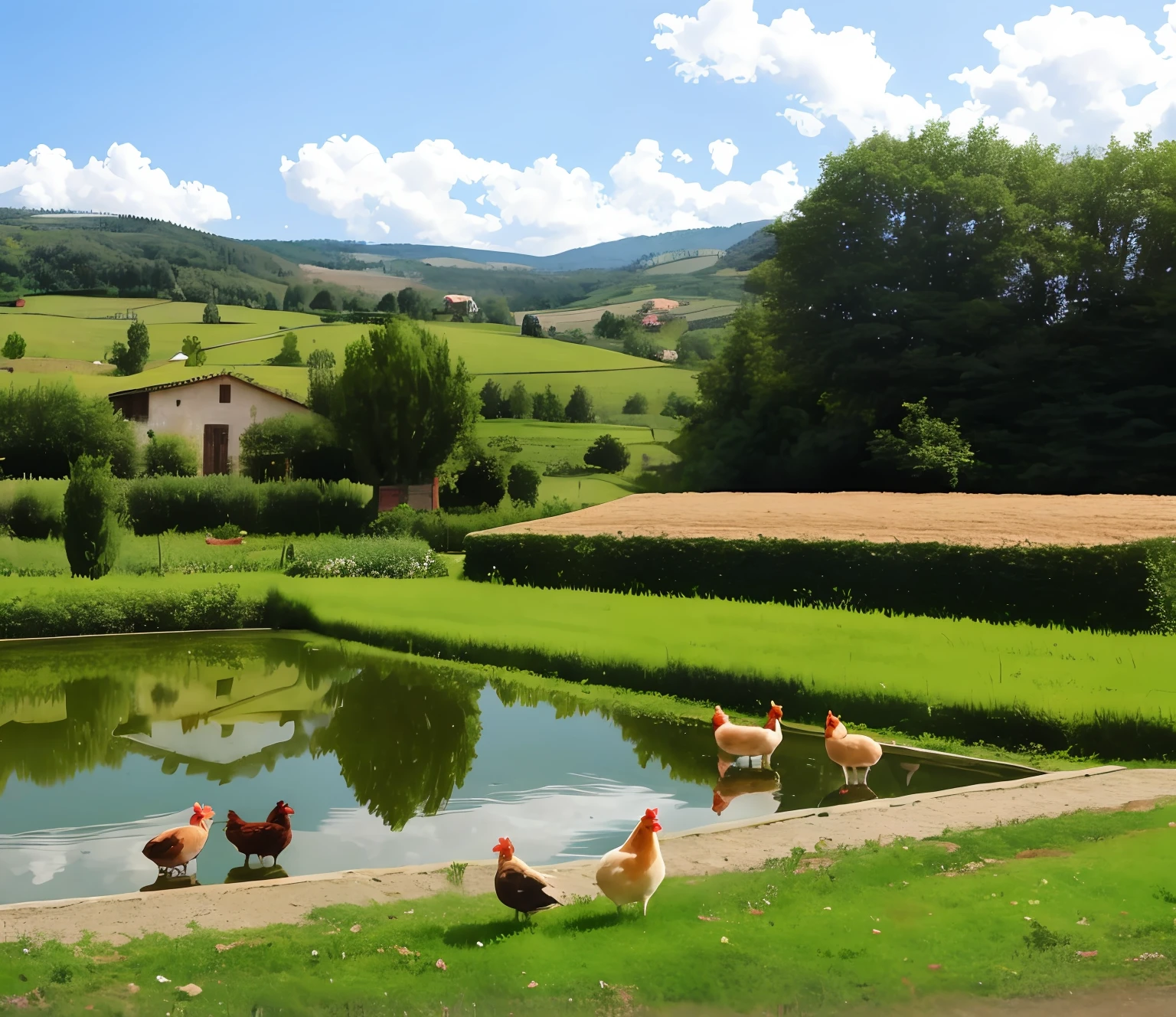 A small agriturismo,There is a pond in front,There is also a pig factory next door,And then there are free-range chickens everywhere,gooses