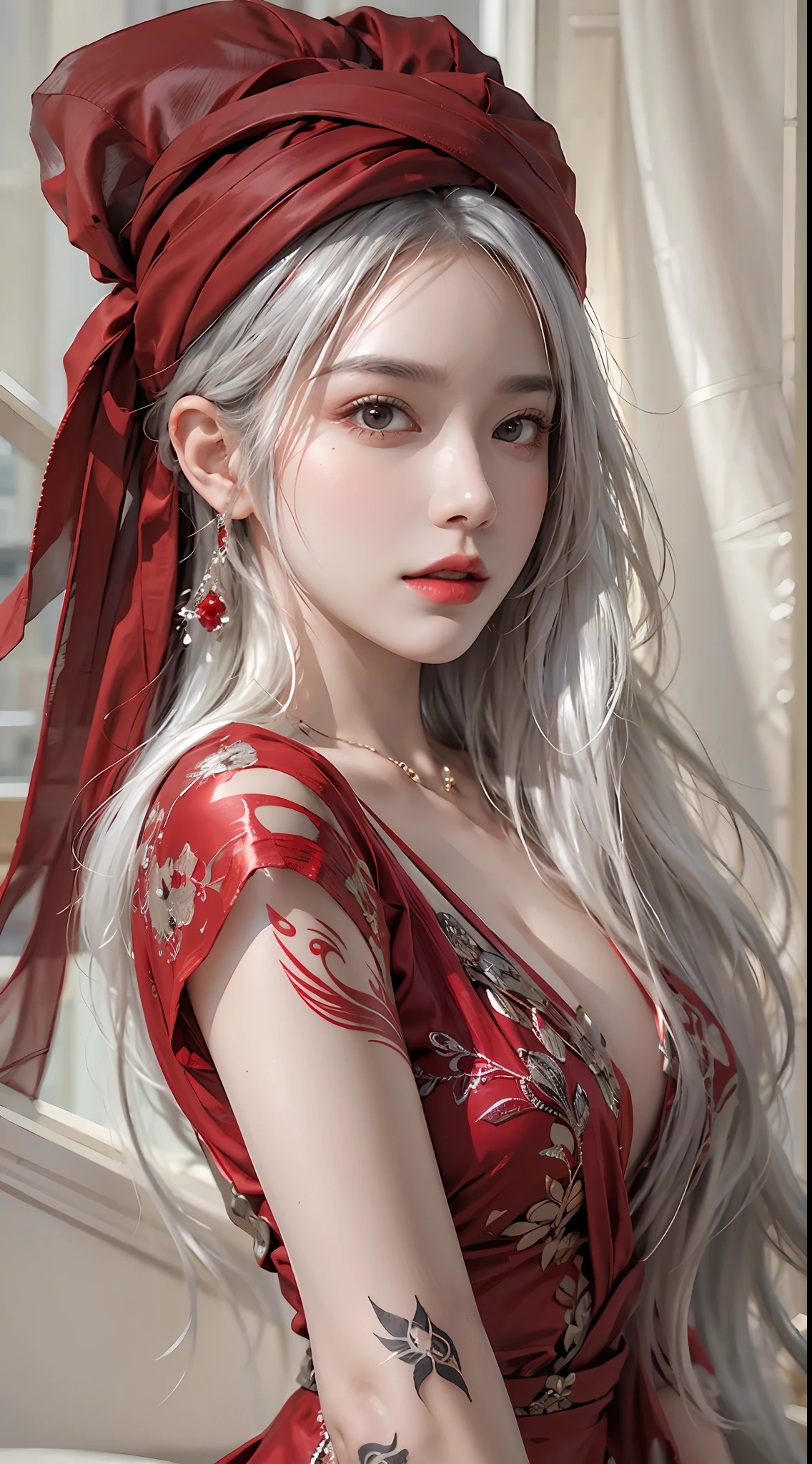 photorealistic, high resolution, 1women, solo, hips up, look at viewer, (detailed face), white hair, long hair, red elegant dress, jewelry, tattoo