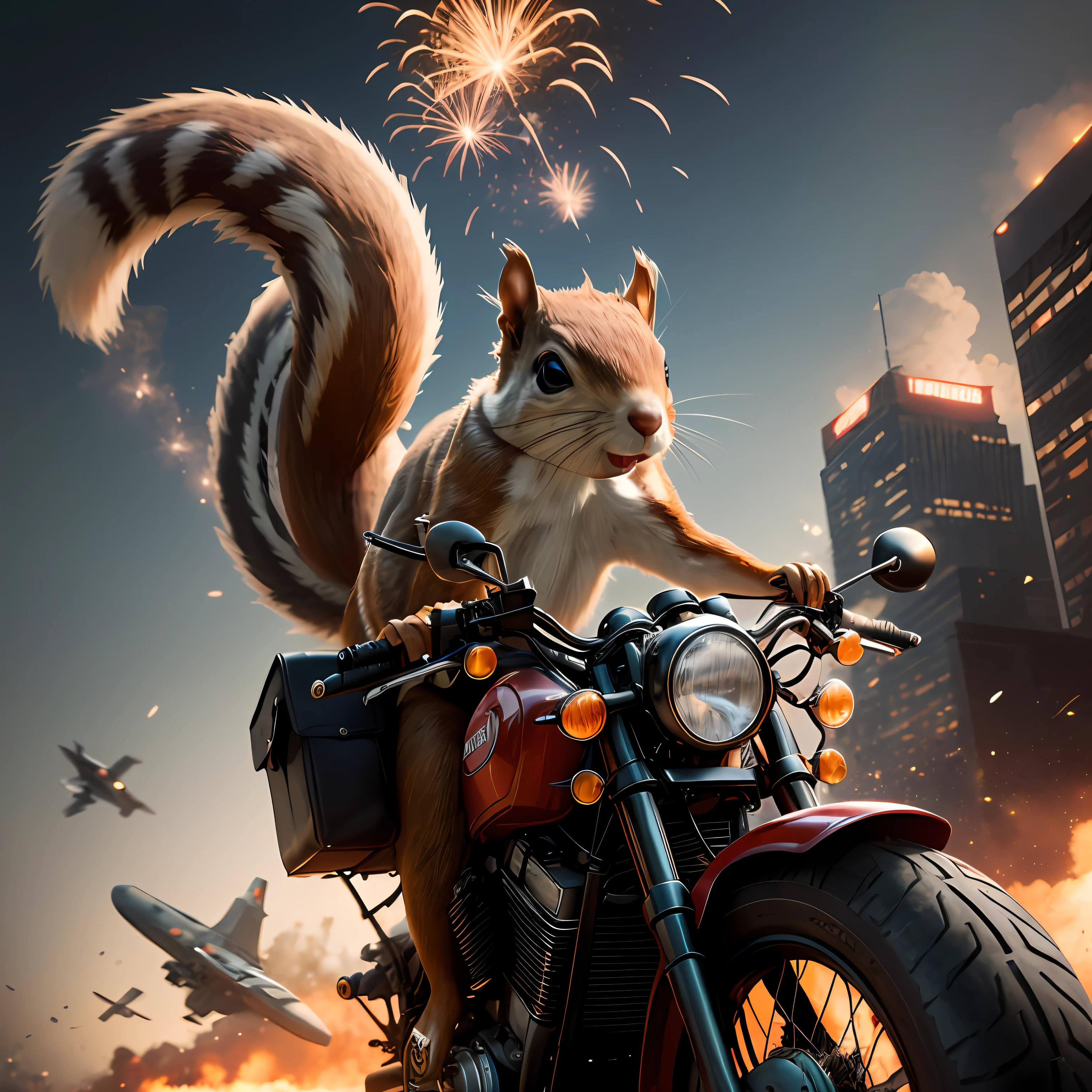 There's a squirrel riding a motorcycle with a firework in the background, Wojtek FUS, Directed by: Rudy Siswanto, 3 d epic illustrations, cg arte, epic digital art illustration, inspirado em James Gurney, inspirado em Rudy Siswanto, arte de fantasia peluda, Octane CGsociety, Trending in ArtStation 4K, guaxinim foguete, stunning digital illustration, Artista CG