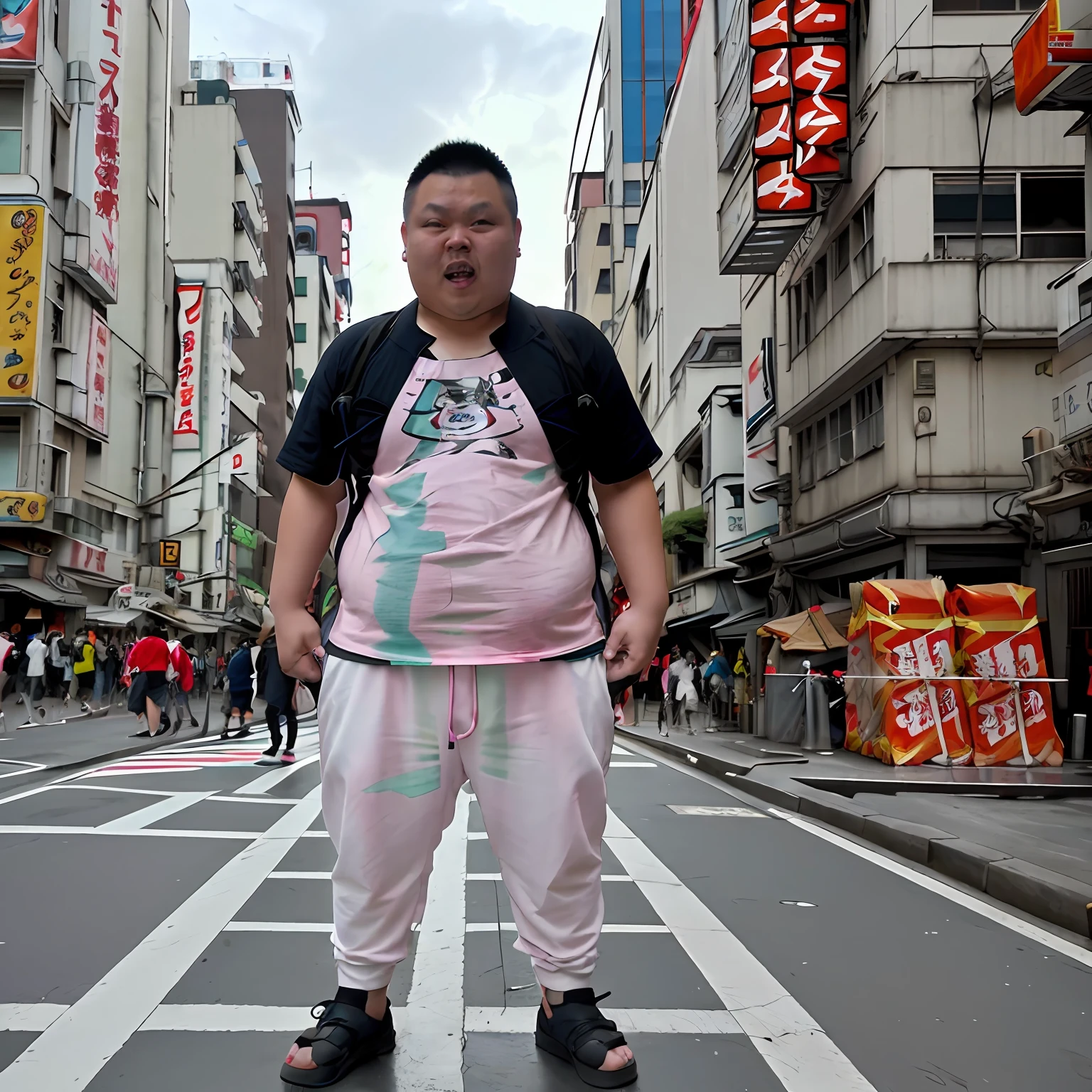 fat, whoami,Capture the unique scene of a stereotypical anime otaku in Akihabara, The otaku should be hyper-realistic, with a high level of detail and resolution,The focus should be on the otaku, dressed in casual attire, perhaps with anime merchandise and a backpack full of manga,The lighting should be bright and colorful, reflecting the vibrant lights of Akihabara, The colors should be vibrant and varied, with the otaku's outfit contrasting with the colorful background of Akihabara,The composition should be a mid-shot, capturing the otaku and the bustling Akihabara scene in sharp detail. Use a high-quality camera with a fast shutter speed to capture the moment,