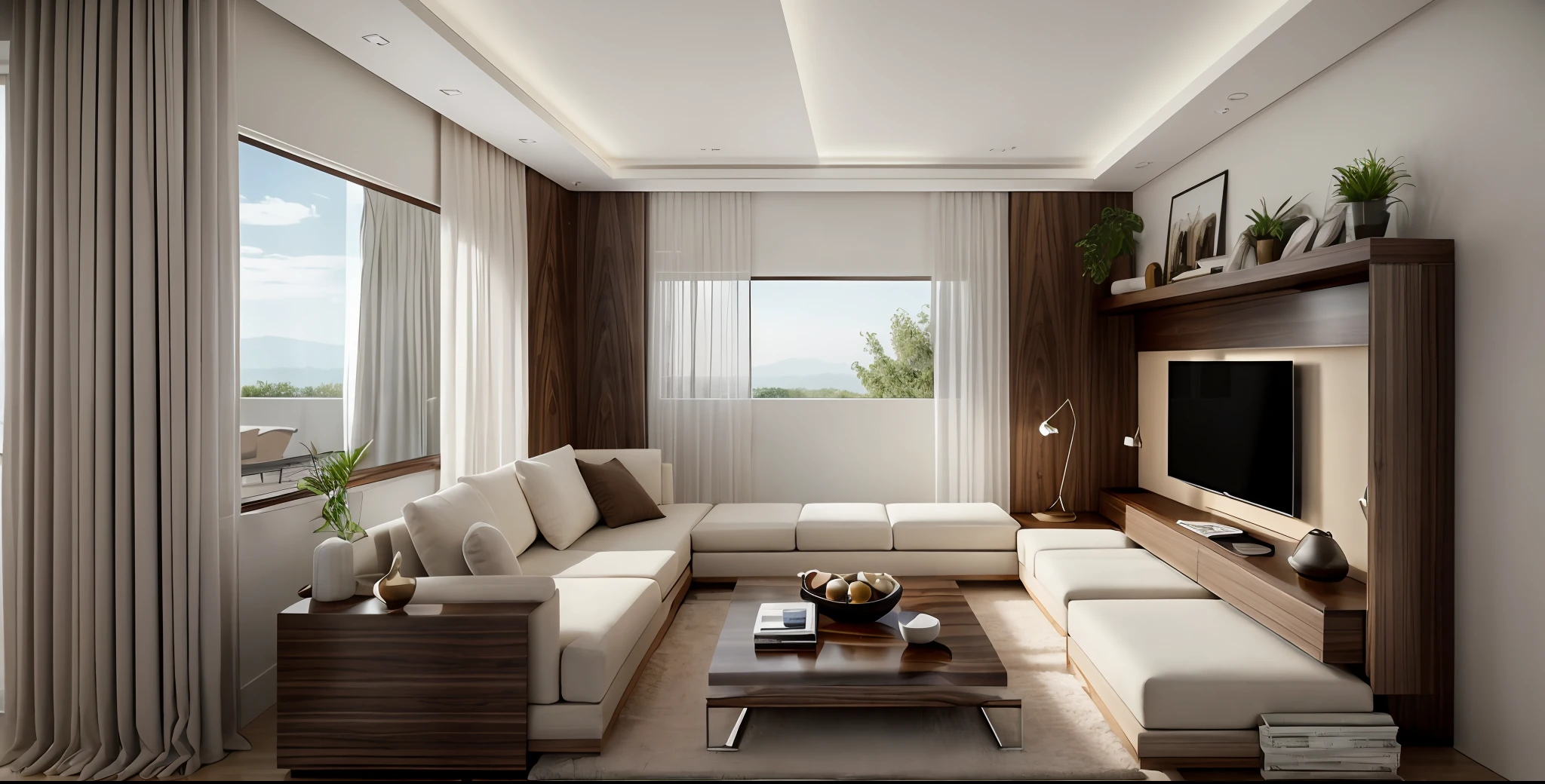 RAW photo, Masterpiece, high quality, best quality, authentic, super detailed,(( walnut furniture )), minimalist architecture, minimalist living room, couch, table, carpet , tv stand, sofa, window, curtains,((laminated plaster,) )), sunset light)), archdaily architecture, (high detail: 1.2), 8k uhd, dslr, soft light , high quality, film grain, Fujifilm XT3