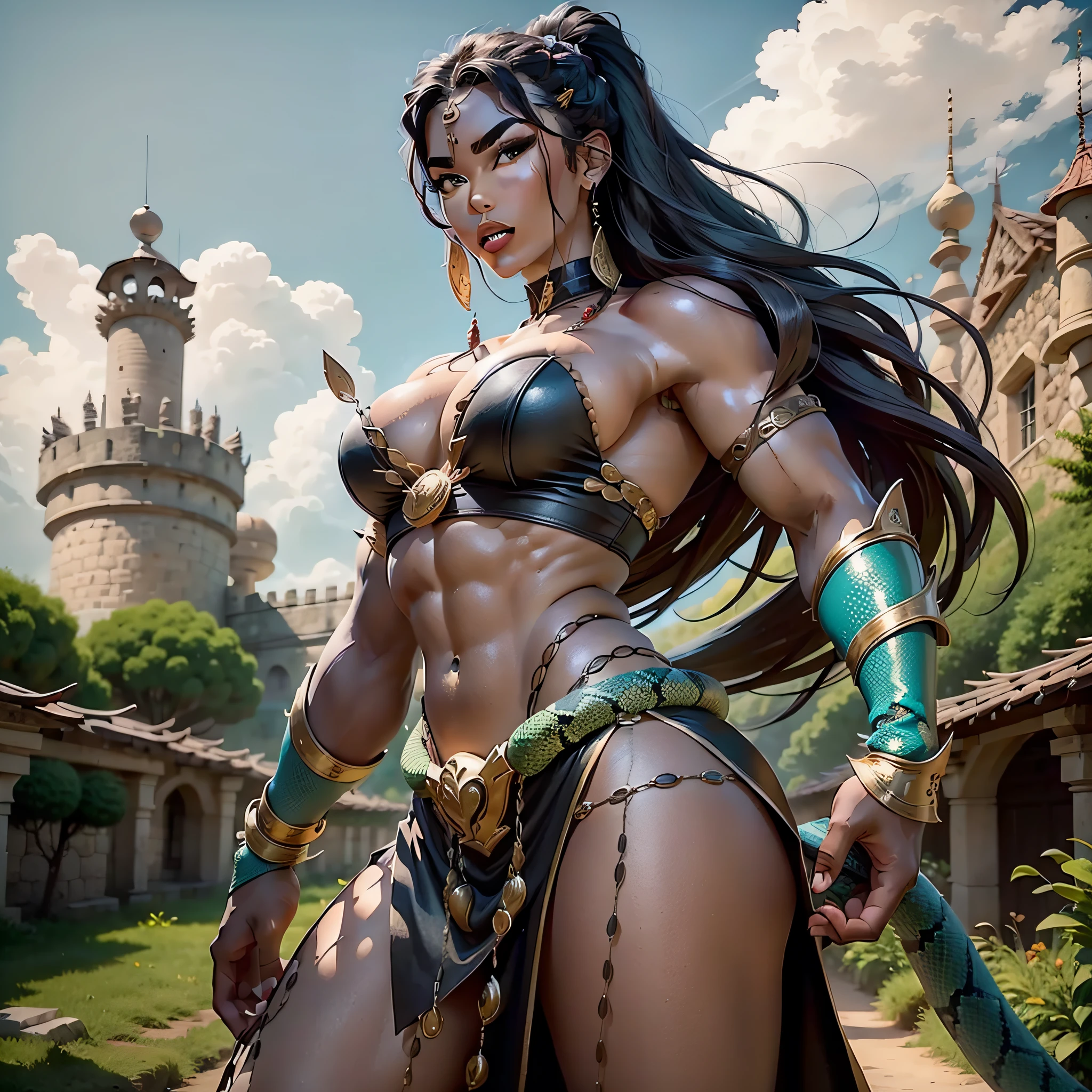 a barbarian warrior with a giant and menacing snake, com uma bela mulher indefesa, amarrado a um poste, estilo hiper realista, e castelos ao fundo, muscles and black hair style the trait of Ernie Chan camera fugi filmin 32mm
