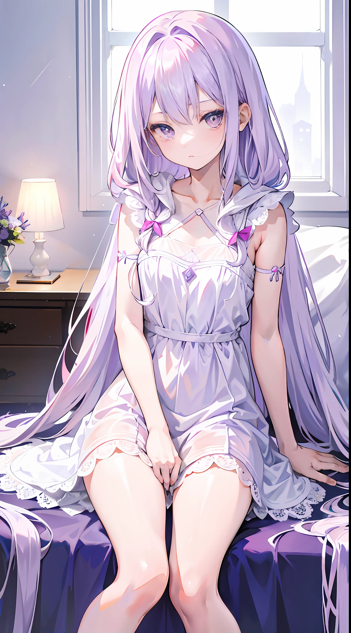 A teenage girl,long and flowing hair,Milky lilac gradient hair color,Lilac pupils,Wear a cute white slip nightdress,flatchest,A cup,Lori sits eight inside,sit on a bed,sleepy-eyed,Wears a pink hood,pantiess