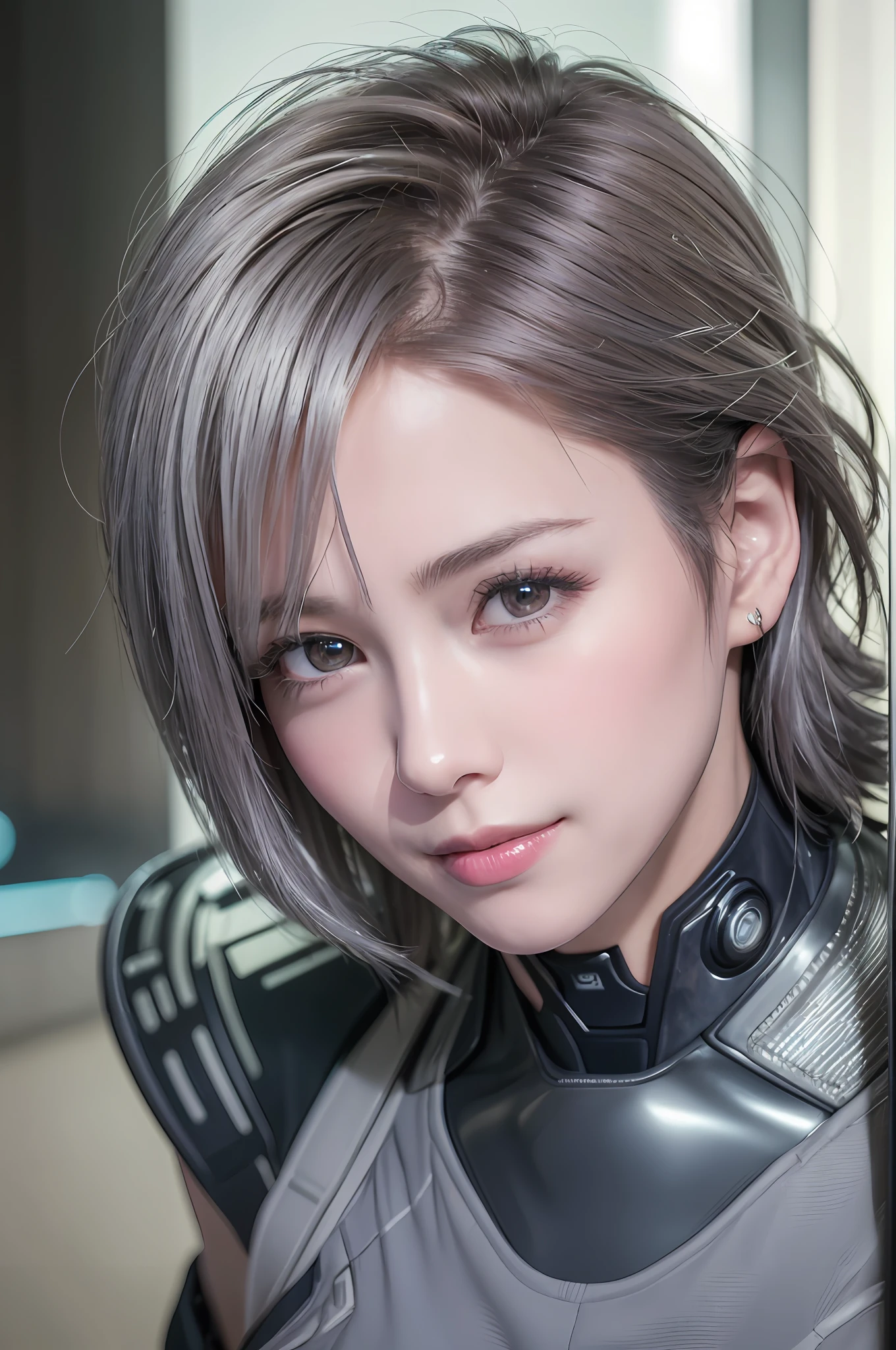 (8k, photorealistic, RAW photo, top quality: 1.4), (1girl), super beautiful, (realistic face), (boyish, silver-colored berry short hair), beautiful cyberpunk suit, glares seducing viewer, beautiful expression, beautiful breasts, (realistic skin), beautiful smile, (soldier), attractive, ultra high resolution, ultra realistic, high definition, spoiled