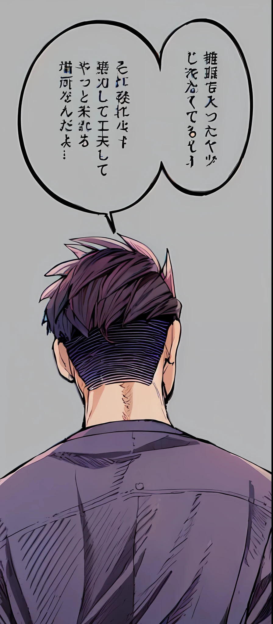 a anime of a boys manga from behind,from back, text manga, color manga, manga color, color manga, color manga panel, simple background