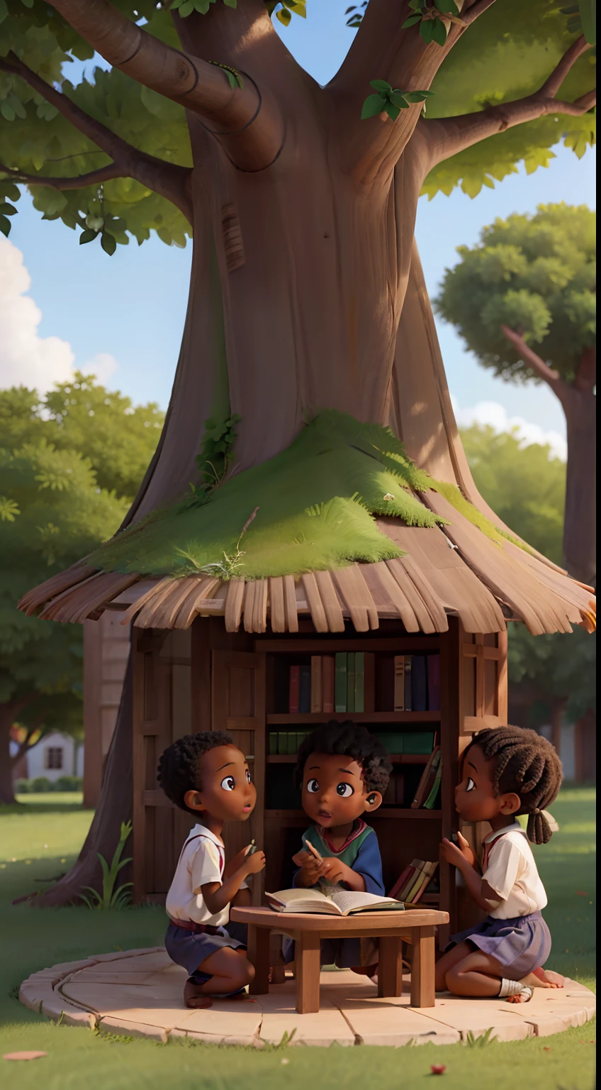 The three 10-year-old African friends under the large village tree, surrounded by books and notes, Forming the self-taught study pact with certain expressions.