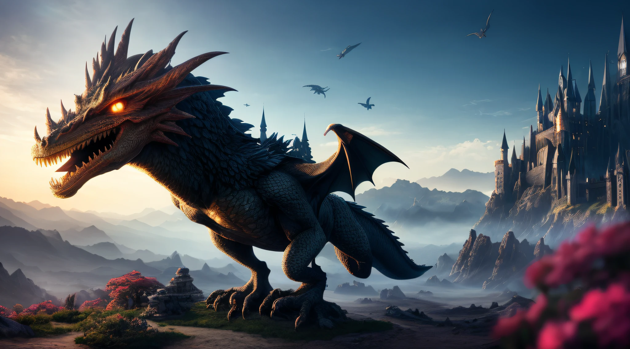 ((masterpiece)), best quality, high quality, ((extremely detailed CG unity 8k wallpaper)),(fantasy), A place like black magic world, dark-ish color, castles, tremendous dragons fly in the sky, huge dragons, dragons shooting lots of fire balls, ruining the ground, magic movie style, harry potter movie style, viewing on higher mountain, Mono Lake, 3D Digital Paintings,award winning photography, Bokeh, Depth of Field, HDR, bloom, Chromatic Aberration ,Photorealistic,extremely detailed, trending on artstation, trending on CGsociety, Intricate, High Detail, dramatic, art by midjourney