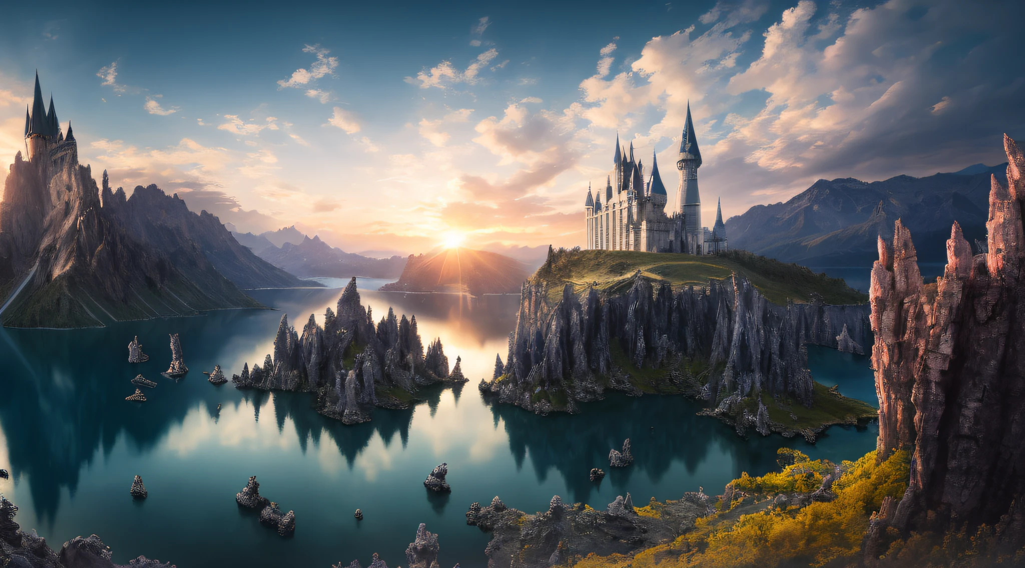 ((masterpiece)), best quality, high quality, ((extremely detailed CG unity 8k wallpaper)),(fantasy), A place like black magic world, dark-ish color, castles, tremendous dragons fly in the sky, huge dragons, dragons shooting lots of fire balls, ruining the ground, magic movie style, harry potter movie style, viewing on higher mountain, Mono Lake, 3D Digital Paintings,award winning photography, Bokeh, Depth of Field, HDR, bloom, Chromatic Aberration ,Photorealistic,extremely detailed, trending on artstation, trending on CGsociety, Intricate, High Detail, dramatic, art by midjourney