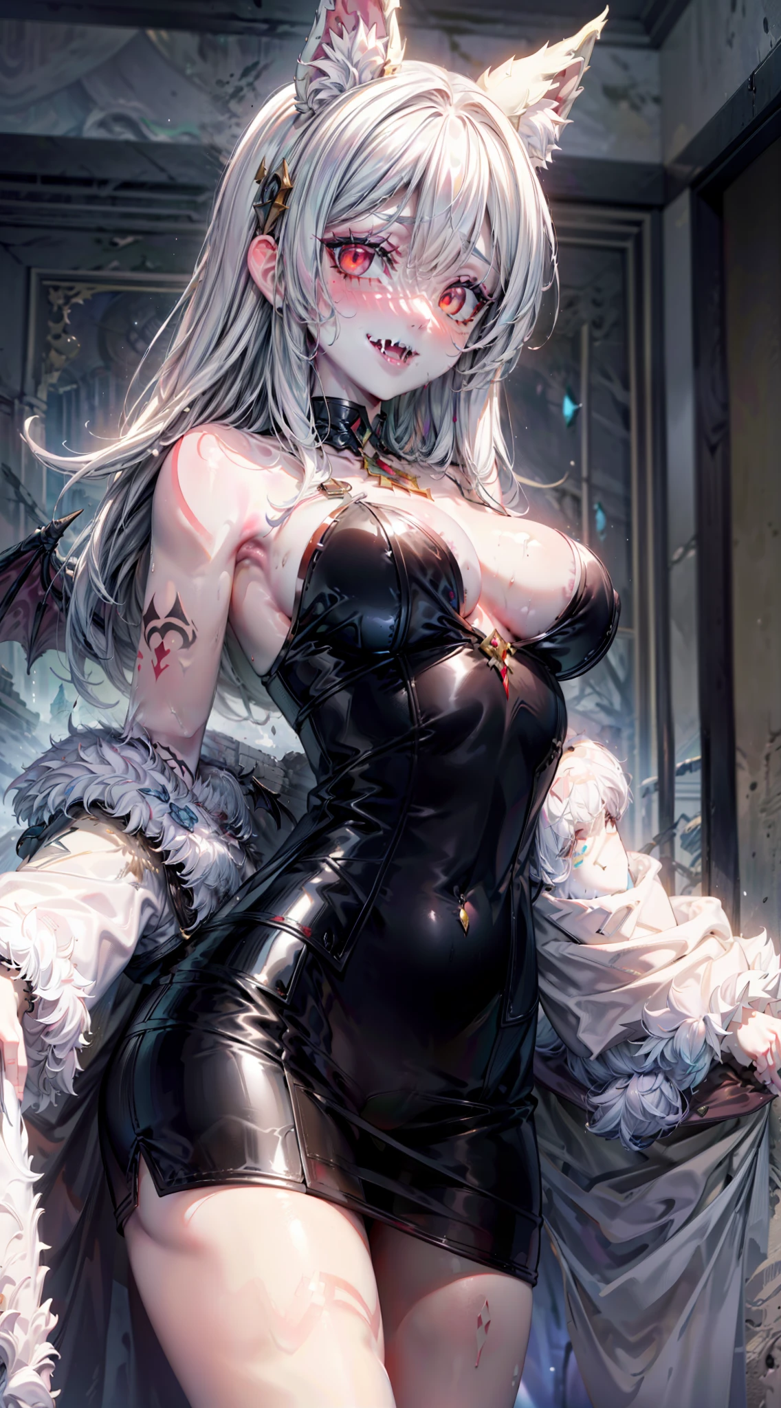 Realistic photo of a slave (cruel, tribal, Jungle)_A vampire with (white colored hair), Bat fur, bat ears, coat|wings, ((fangs)), Futuristic_extremely_Detailed_Tight_(lacy, Silk, Satin, Leather, latex, fur)_(The clothes, upskirt), Detailed Face, Detailed beautiful shiny red eyes, slit pupils, Metallic reflections, ((Tattoo, tagged)_with_Shining_Runes)_fit_muscular_body, shiny white skin, Ruins of the tropical city of Fog, 1girl, natutal breasts, Gray hair of medium length, Masterpiece, Best Quality, beautiful and aesthetic:1.2, s fractal art:1.4