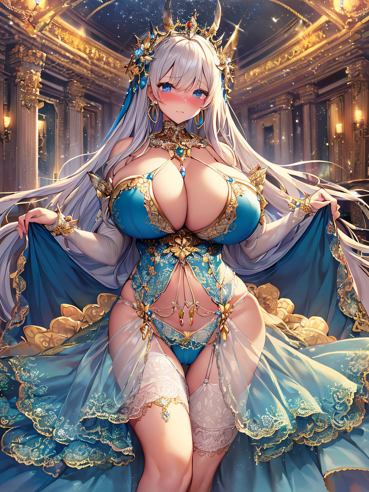 ((anime artstyle)),(Masterpiece),(Best Quality), (Super Detail),((Very Delicate and Beautiful)),(((Solo))),((1 princess in beautiful embroidery and jeweled gorgeous rococo ball gown dress with voluminous full length hoop skirt)),royal bedroom,(((dress skirt lift by self))),((((Gorgeous lace panties with jewels,cameltoe)))),garter belt,((bling-bling)),Long train,(bling-bling gorgeous gemstone jewelry),detailed face and eyes,jewel-like eyes,cry,((embarrassed)),((large amount of straight hair,extremely voluminous Very Long Hair,Very Long Straight Hair)),(((gigantic tits,Long tits))),cleavage,(gorgeousfull embroidery and lace),gorgeous corsage,See-through,extremely gorgeousfull hair ornament,bling-bling extremely gorgeousfull jeweled tiara,ornate ruffles,(hoop skirt,crinoline),((Dynamic Angle)),Looking at viewer,((full body)),((beautiful embroidery and jeweled extremely gorgeous rococo ball gown dress with voluminous full length hoop skirt)),focus pantie,