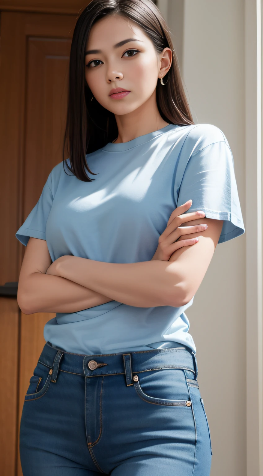 1 woman,tee shirt,denim pant,crossed arms,full bodyesbian