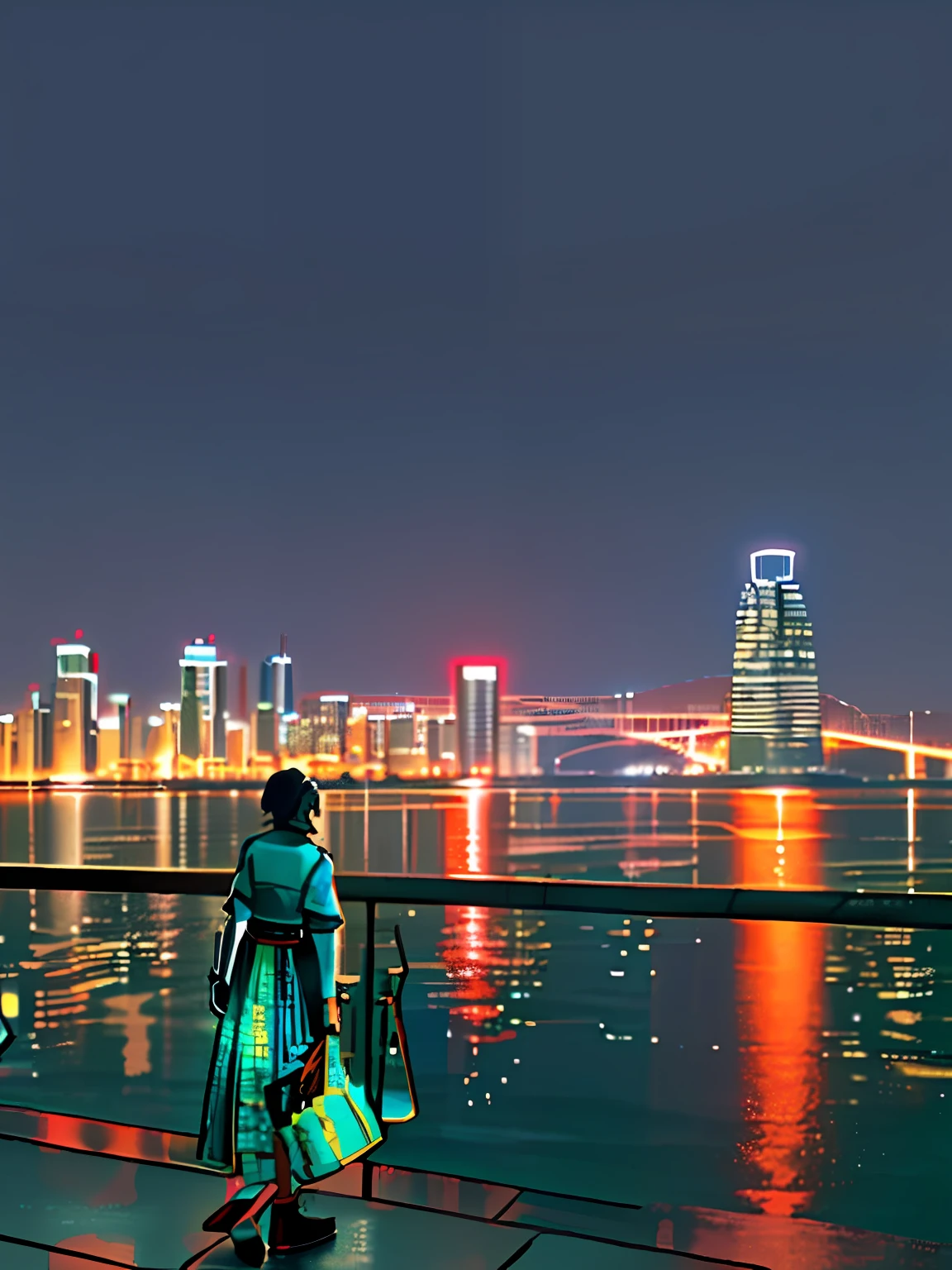 nighttime view of a woman walking along a pier with a city in the background, looking at the city, in front of a sci fi cityscape, wide - shot, wide-shot, hangzhou, city in the background, a wide shot, city in background, full-body view, skyline showing, full - view, shenzhen, gorgeous lady, night shot