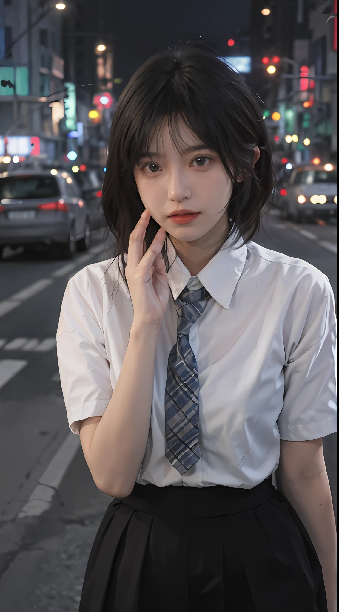 best qualtiy， 超高分辨率， （realisticlying：1.4），（natta），（looking at viewert：1.331），（whaite hair），posing on a，Tokyo Street，nightcityscape，Cyberpunk-city，the soft light，1girll，extremely beautiful face，chest circumference，putdownhands，random hair style，Random expressions，largeeyes，Alvine，（short- sleeved。JK_shirt）， JK_style， （darkblueJK_skirt）， （bowJK_tie）， mix4.， best qualtiy