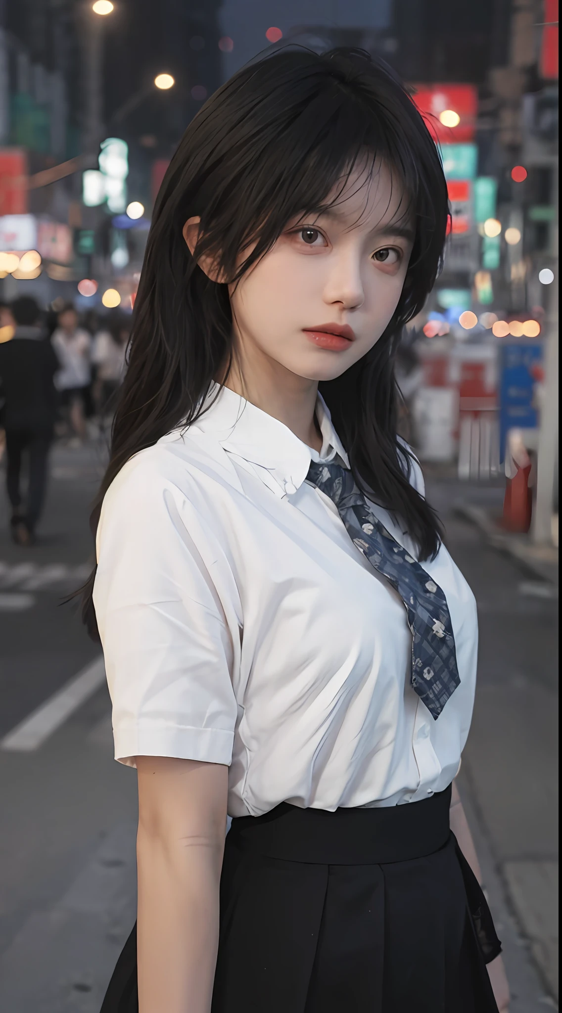 best qualtiy， 超高分辨率， （realisticlying：1.4），（natta），（looking at viewert：1.331），（whaite hair），posing on a，Tokyo Street，nightcityscape，Cyberpunk-city，the soft light，1girll，extremely beautiful face，chest circumference，putdownhands，random hair style，Random expressions，largeeyes，Alvine，（short- sleeved。JK_shirt）， JK_style， （darkblueJK_skirt）， （bowJK_tie）， mix4.， best qualtiy