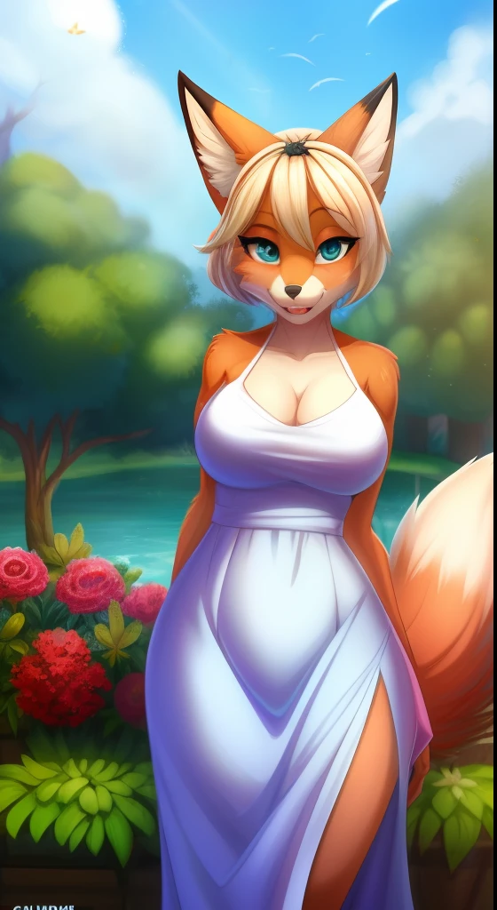 Antrho, fox, female, solo, pelo laranja, cabelo loiro longo, peitos medios, bunda media, coxas curvadas, usando roupa de noiva transparente, calcinha e sutia branca rendada, meias altas, segurando buque de flores, olhando sobre o ombro, sorriso envergonhado, fundo jardim florido, cauda deve ser mostrada