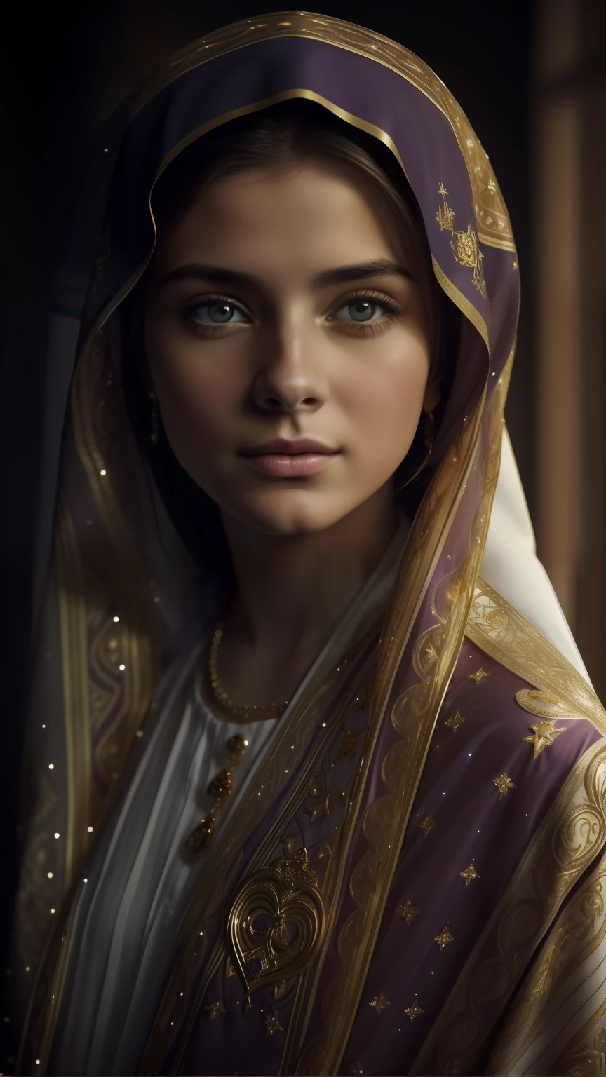 ((Blessed Virgin Mary. 19 years old))) ((( Con una cara seria y piadosa. Con una mirada dulce y tierna))) (obra maestra, calidad superior, mejor calidad, arte oficial, beautiful and aesthetic: 1.2), (1girl), extremadamente detallado, (Arte fractal: 1.3), colorido, highest detailed, Cara perfecta, parte superior del cuerpo, HDR, (orando: 1.3), (golden lines of white coat: 1.2), galaxia, (rayas de luz), eye-catching visuals, (dynamic stripes, senderos luminosos: 1.2), colores vibrantes,