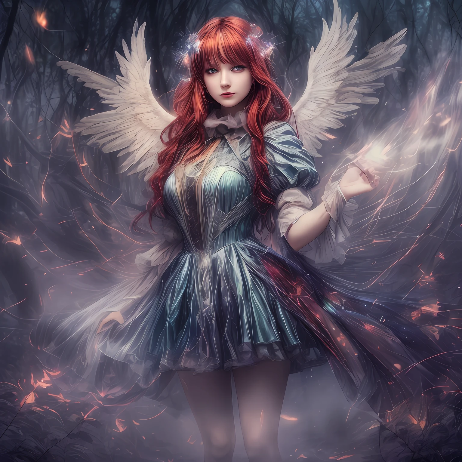 best quality, masterpiece, full body,
(adult:1.6) pretty woman with angelic face, dark angel, (smirk:0.4), Lumineer,
fireluminensce loose hair, red hair,
sparkling eyes,
victorian dress, (synapticslightning),
floating light particles, centered, surrounding by fog, in the dark forest, light by bioluminensce leaf forest,