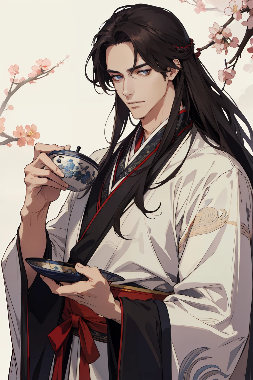 (Absurd, highres, ultra-detail), Two men., mature adult, handsome, attractive, lover, Finely detailed eyes and detailed face, long-haired, fantasy, Spectacular backgrounds, Wearing traditional hanfu costume