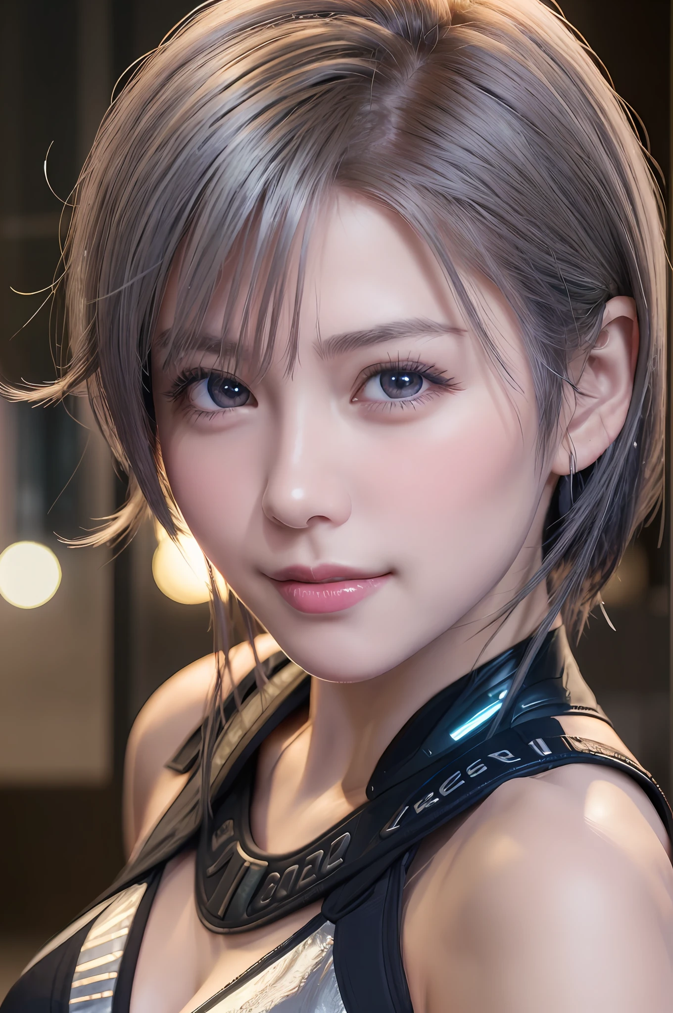 (8k, photorealistic, RAW photo, top quality: 1.4), (1girl), super beautiful, (realistic face), (boyish, silver-colored berry short hair), beautiful cyberpunk suit, glares seducing viewer, beautiful expression, beautiful breasts, (realistic skin), beautiful smile, (soldier), attractive, ultra high resolution, ultra realistic, high definition, spoiled