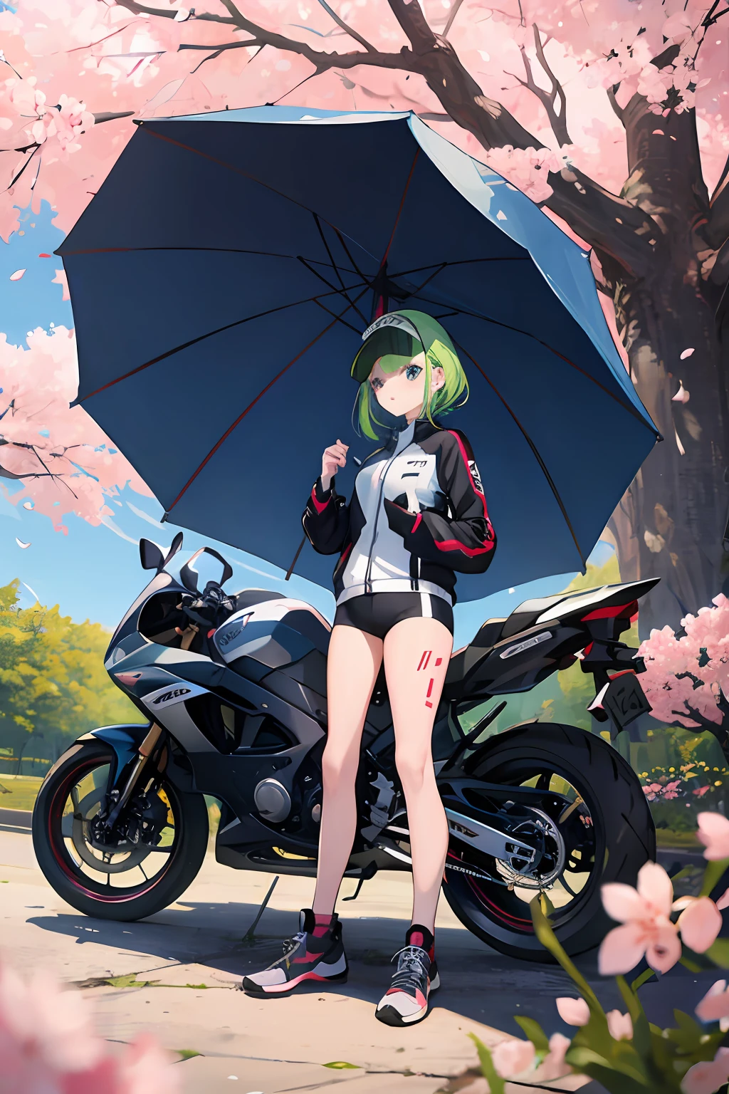woman standing next to papylus pr700 sports bike standing upright under blooming cherry blossom tree