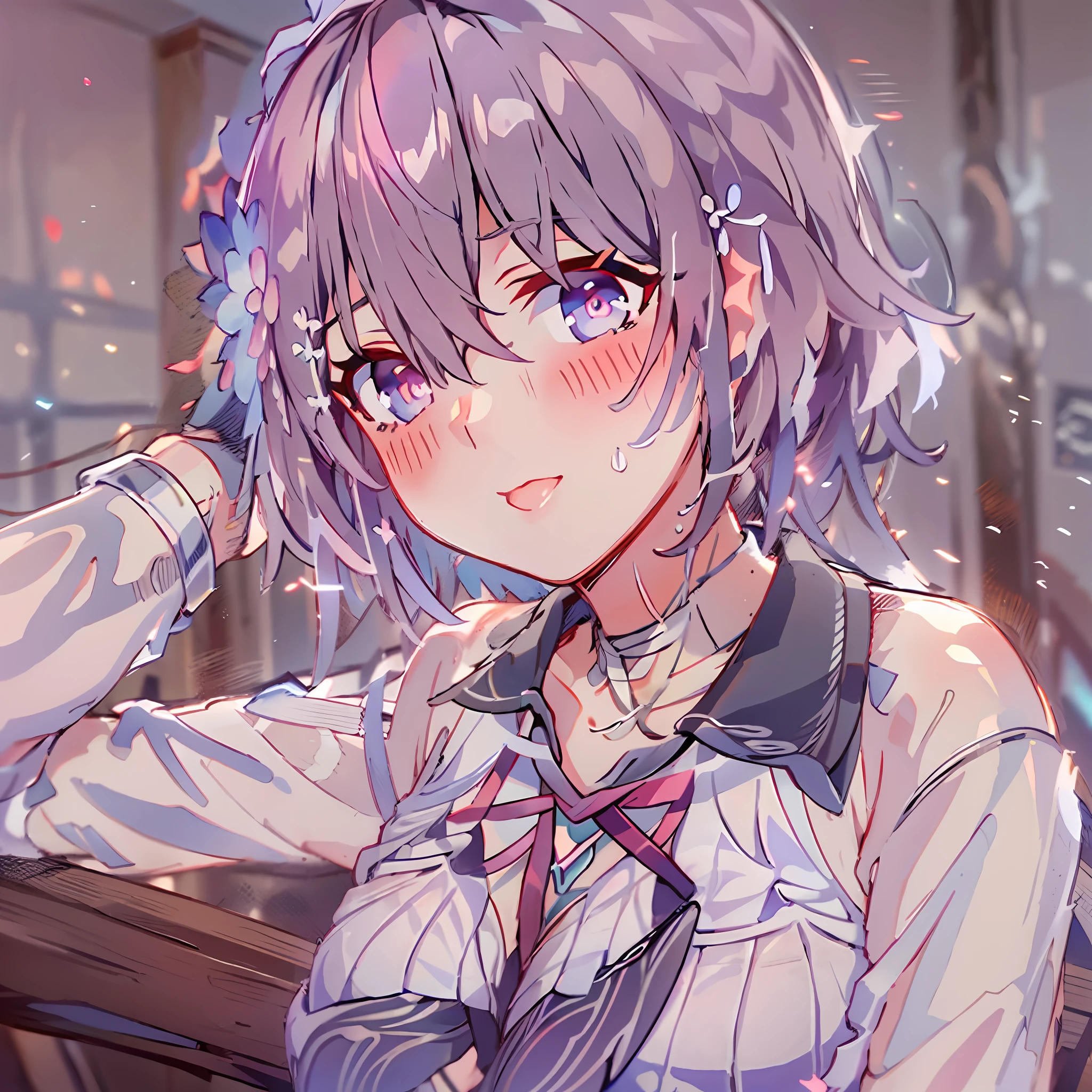 (masterpiece,best quality, detailed),seele, 1girl, solo, indoors, night, upper body, sweat, ahegao, rolling eyes, blush, wet shirt,
midorikawa hana, neck ribbon, collared shirt, school uniform,