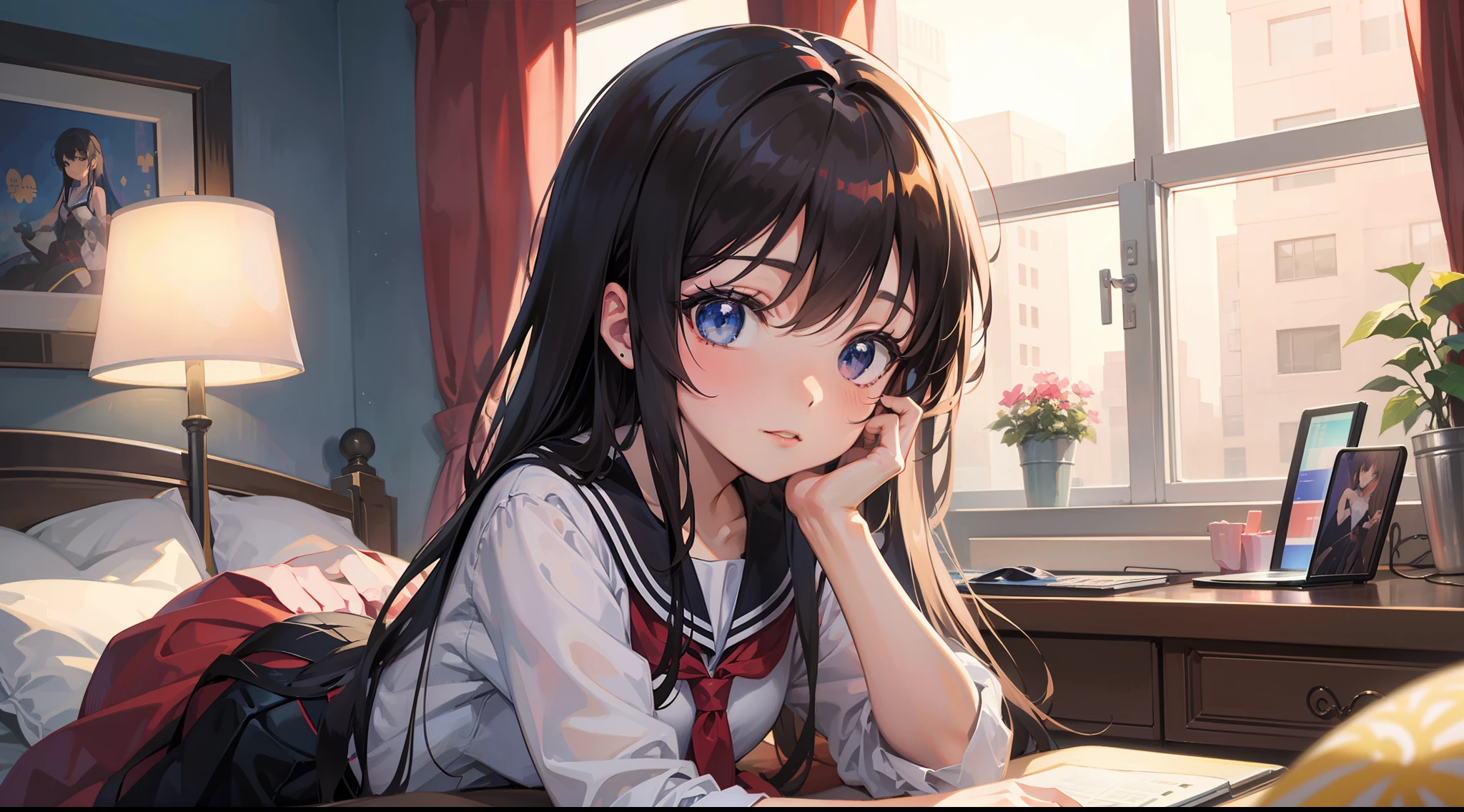 Anime girl sitting on bed，The laptop was in the bedroom with a window, anime moe art style, [[[[ssmile]]]], Kantai collection style, lofi portrait, nightcore, Cute anime girl, Official artwork, Anime style portrait, anime visual of a cute girl, cute portrait, Cute anime girl portrait, portrait anime girl, Kawasi