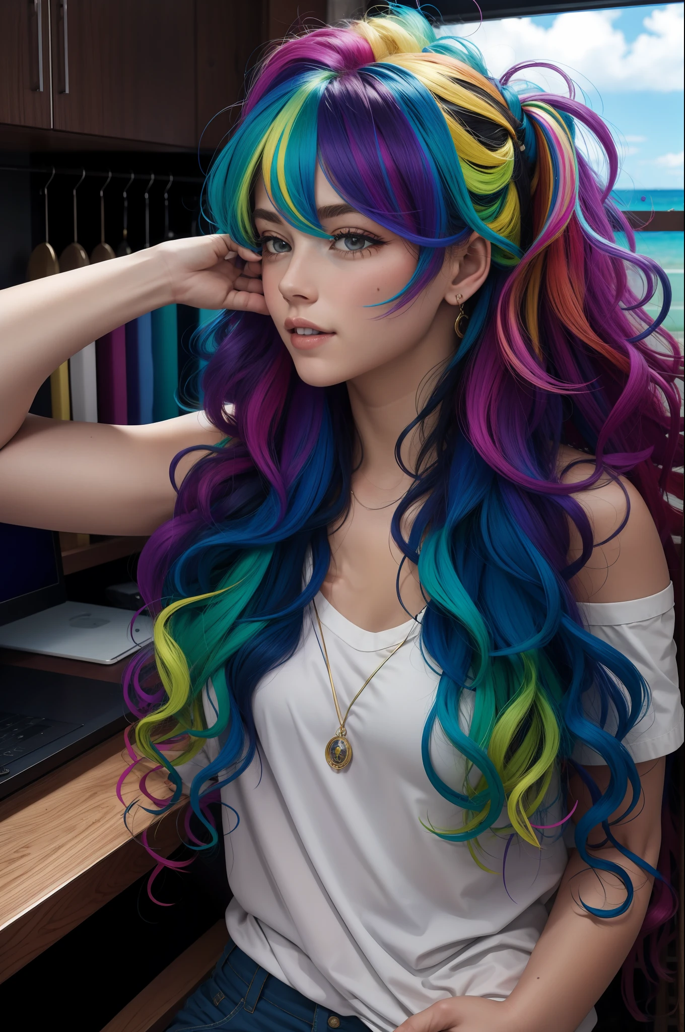 masterpiece, best quality, girl with rainbow hair, really wild hair, mane