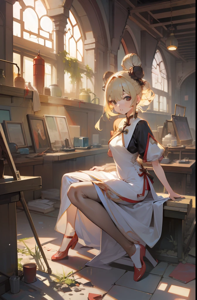 1girl,twin bun,long china dress,blonde hair,redshoes,(pantyhose),strike pose,ruins,abandoned science laboratory,Rembrandt's Light,Magic Hour,