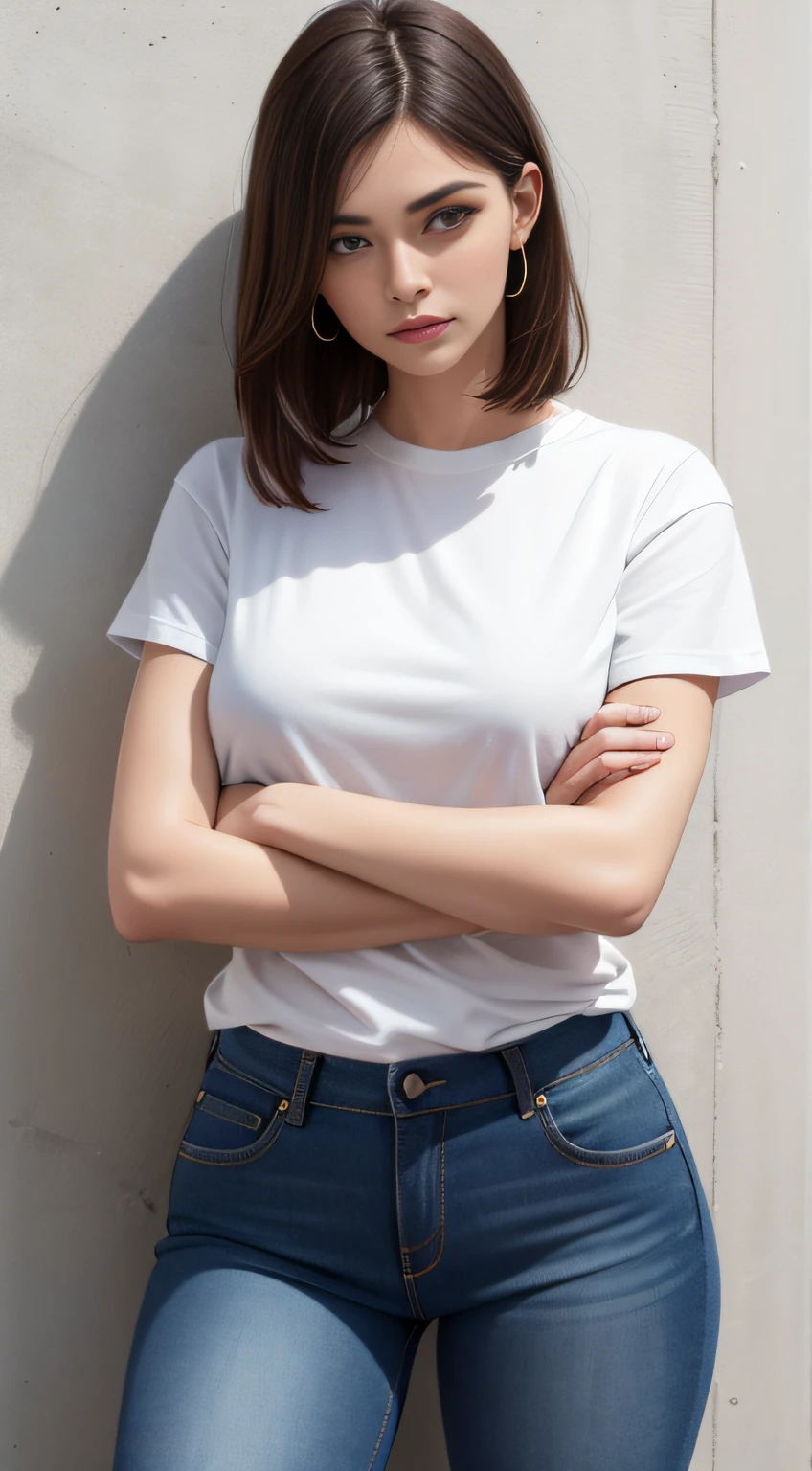 1 woman,tee shirt,denim pant,crossed arms,full bodyesbian:1.0