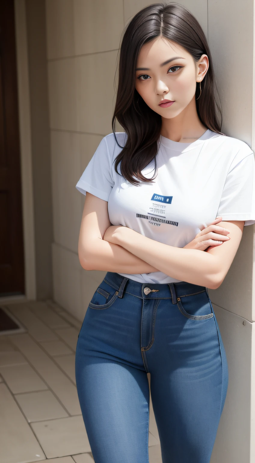 1 woman,tee shirt,denim pant,crossed arms,full bodyesbian:1.0