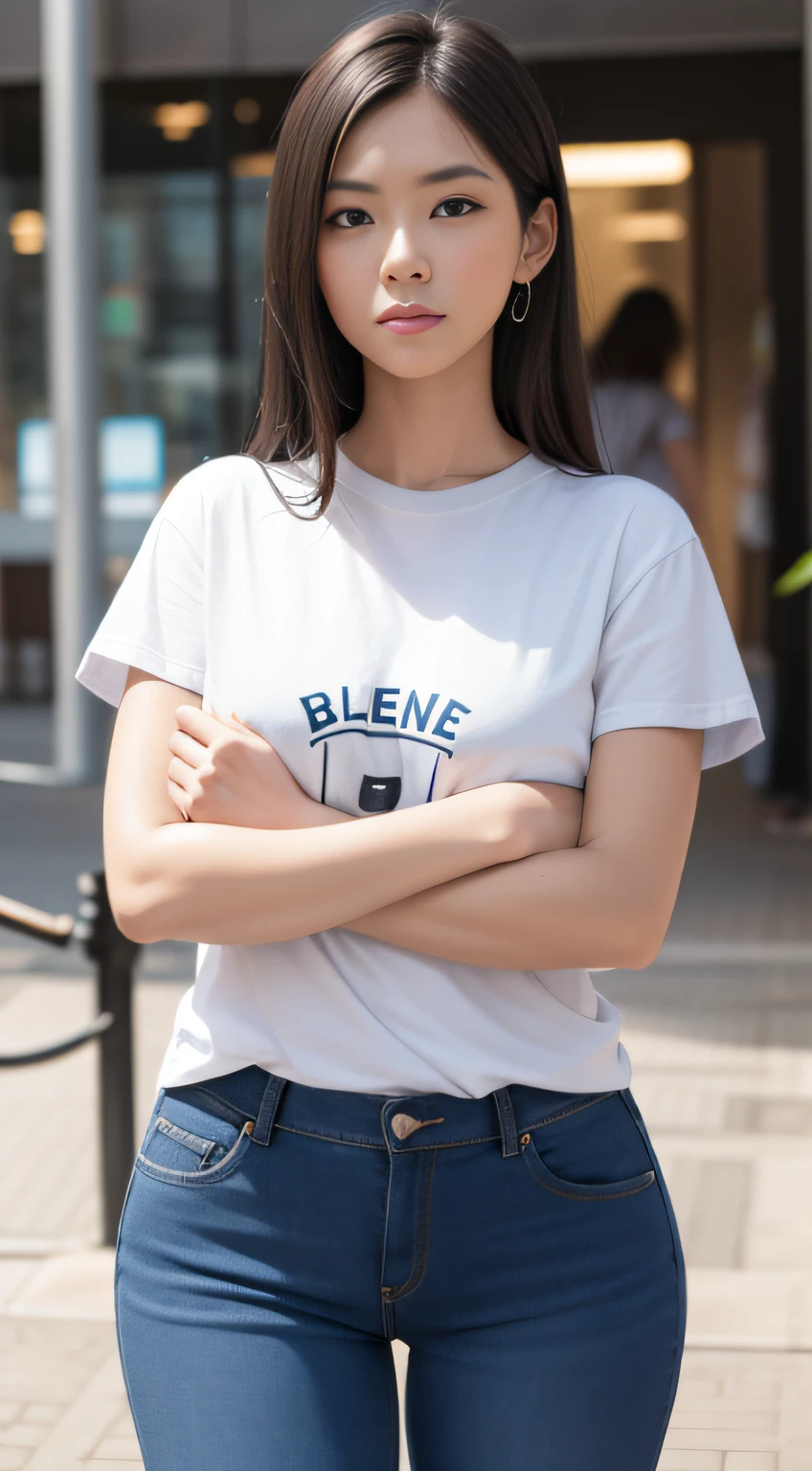1 woman,tee shirt,denim pant,crossed arms,full bodyesbian:1.0