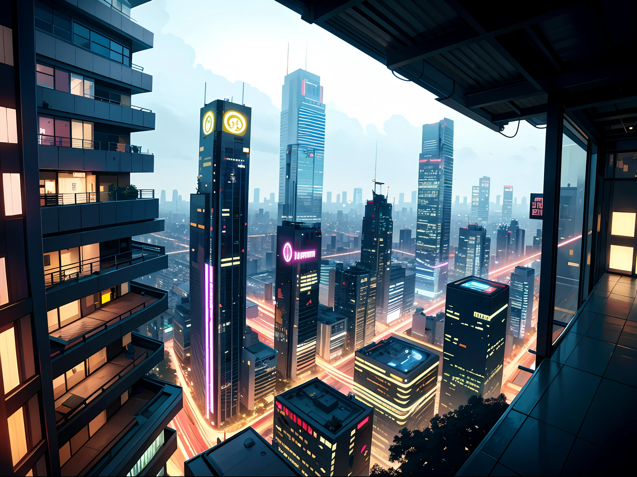 Vista aerea de um quarto com vista para a cidade em um dia ensolarado, Apartment Bladerunner sci-fi NEO - Noir Setup, Situated in a Tokyo metropolis, matte painting neon cinematic matte painting, Quarto ensolarado com plantas verdes e altas nas grandes paredes, O apartamento sci-fi Cidade grande de dia e com muito moviemnto, Como uma cena de Blade Runner de dia, Aesthetics of fiction variations of blue skies and days with many buildings and streets bridges and high viaducts