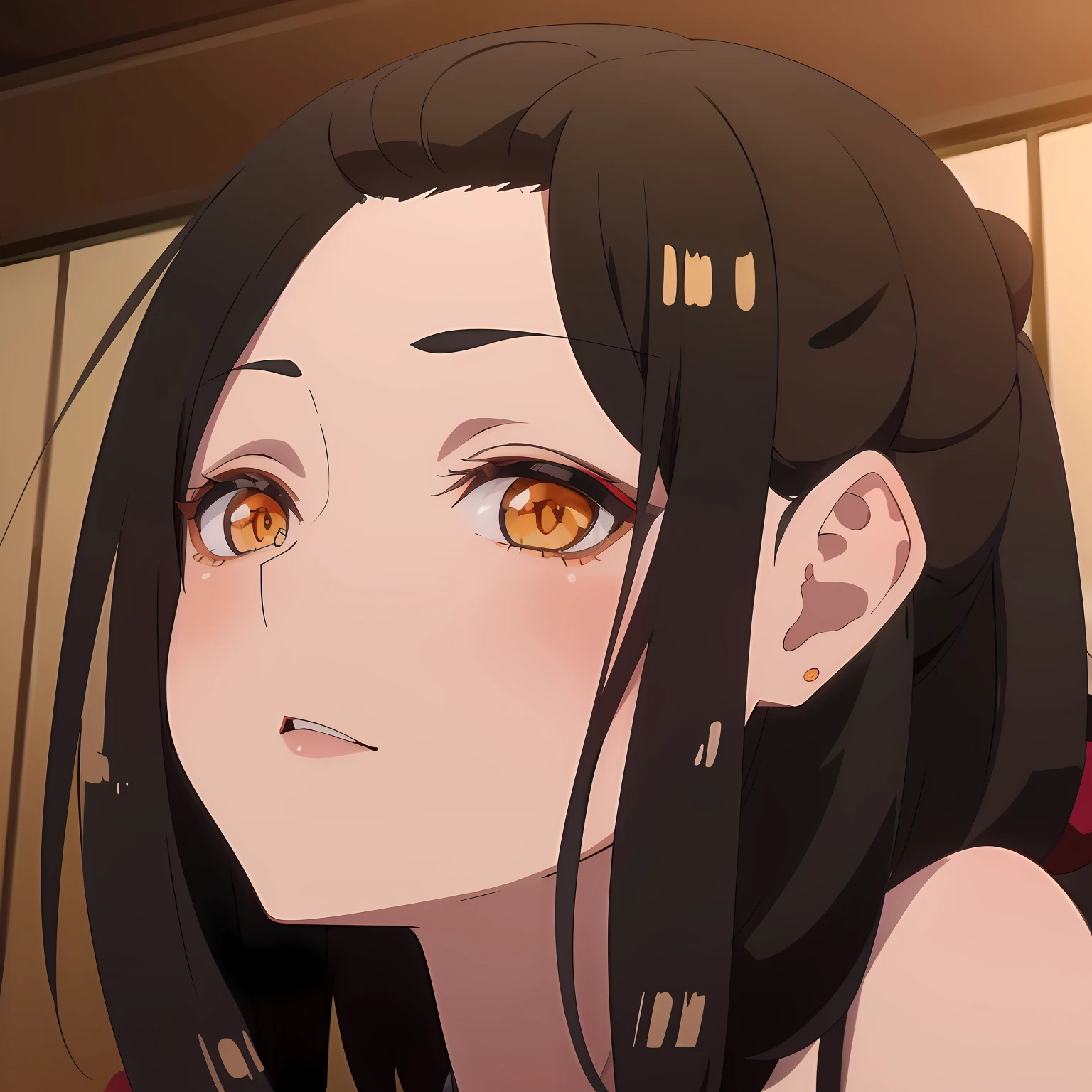 masterpiece, best quality, 1 girl with long silky black hair,mature girl, orange eyes,wearing black kimono, indoor , anime screenshot, beautiful landscape ,face close-up