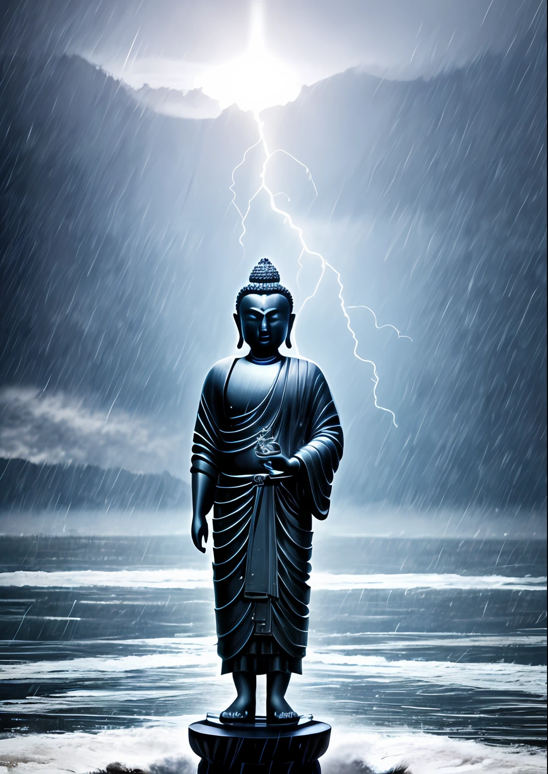 Buddha walks on water in a storm，gentle expressions，A streak of light falling from the sky，tmasterpiece，HighestQuali，high qulity，highly detailed CG unit 8k wallpaper，an award winning photograph，bokeh，depth of fields，HDR，Flood，color difference，realisticlying，The is very detailed，trends in art station，CGSociety trends，复杂，high detal，dramatics，halfway art，Volumetriclighting