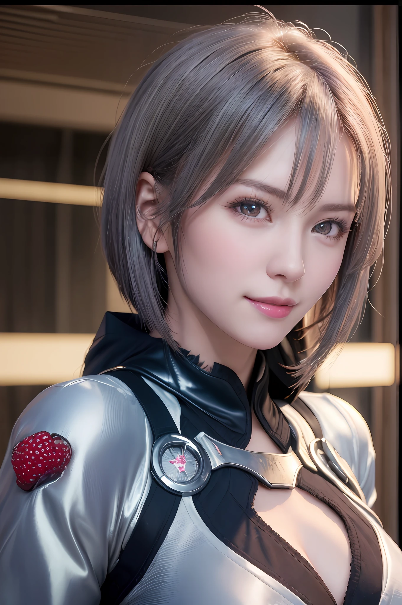 (8k, photorealistic, RAW photo, top quality: 1.4), (1girl), super beautiful, (realistic face), (boyish, silver-colored berry short hair), beautiful cyberpunk suit, glares seducing viewer, beautiful expression, beautiful breasts, (realistic skin), beautiful smile, (soldier), attractive, ultra high resolution, ultra realistic, high definition, spoiled