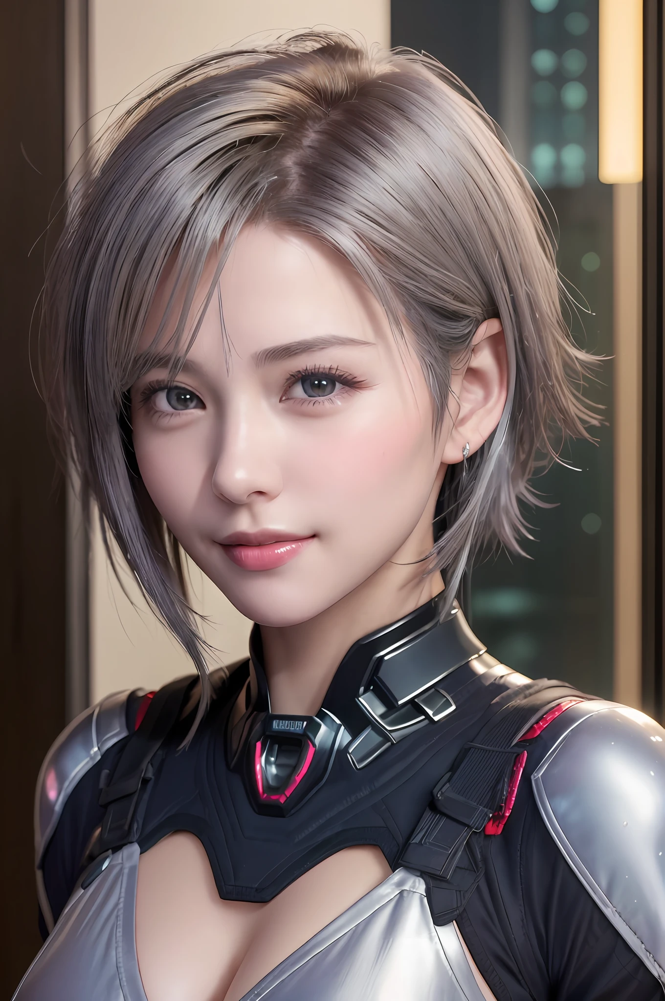 (8k, photorealistic, RAW photo, top quality: 1.4), (1girl), super beautiful, (realistic face), (boyish, silver-colored berry short hair), beautiful cyberpunk suit, glares seducing viewer, beautiful expression, beautiful breasts, (realistic skin), beautiful smile, (soldier), attractive, ultra high resolution, ultra realistic, high definition, spoiled