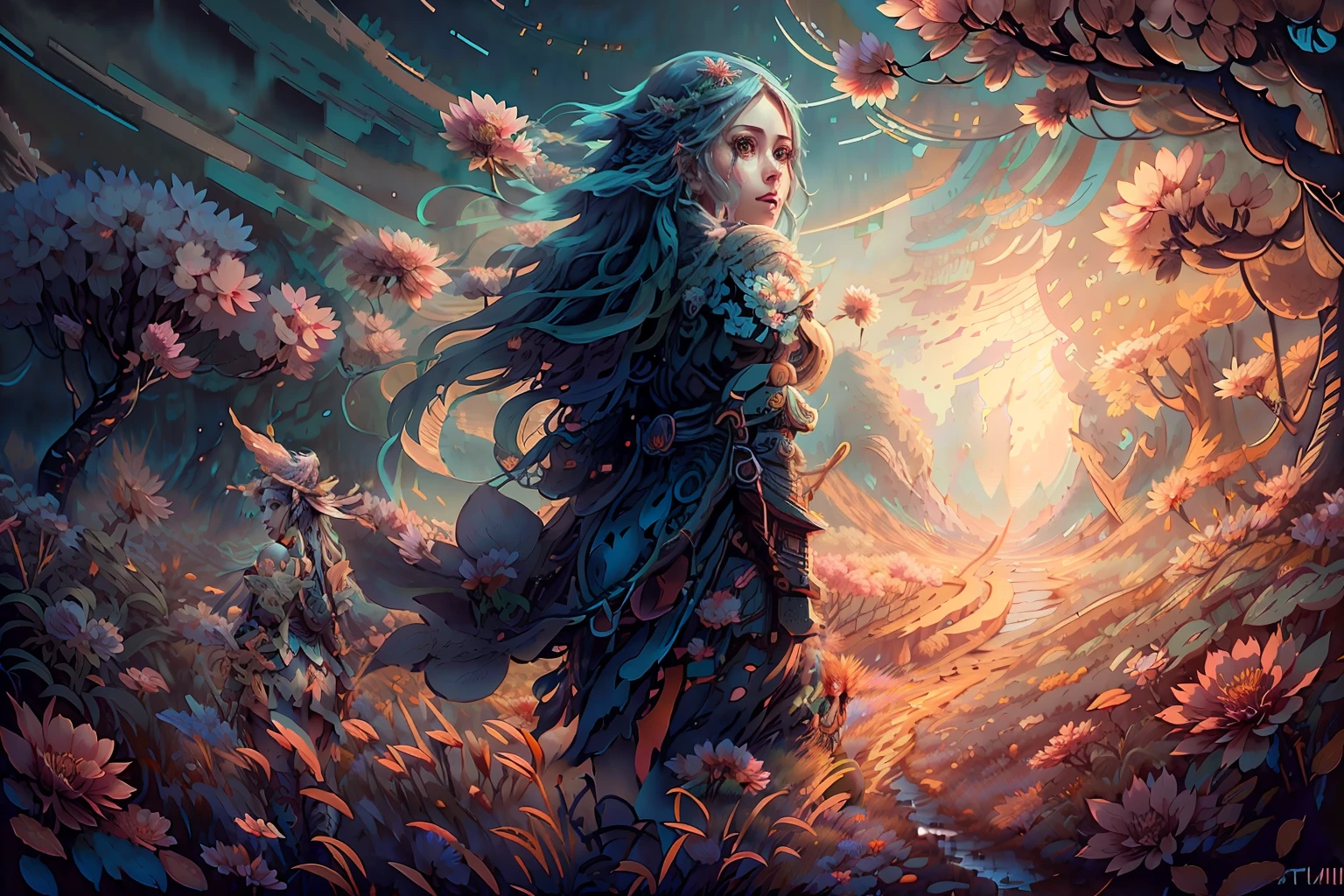 anime girl with long hair walking in a field of flowers, epic fantasy digital art style, artgerm and atey ghailan, epic fantasy art style, artstation painting, epic rpg portrait, detailed digital 2d fantasy art, dawn cgsociety, epic fantasy style art, Artstation contest winner, detailed game art illustration, detailed game art, epic digital art illustration