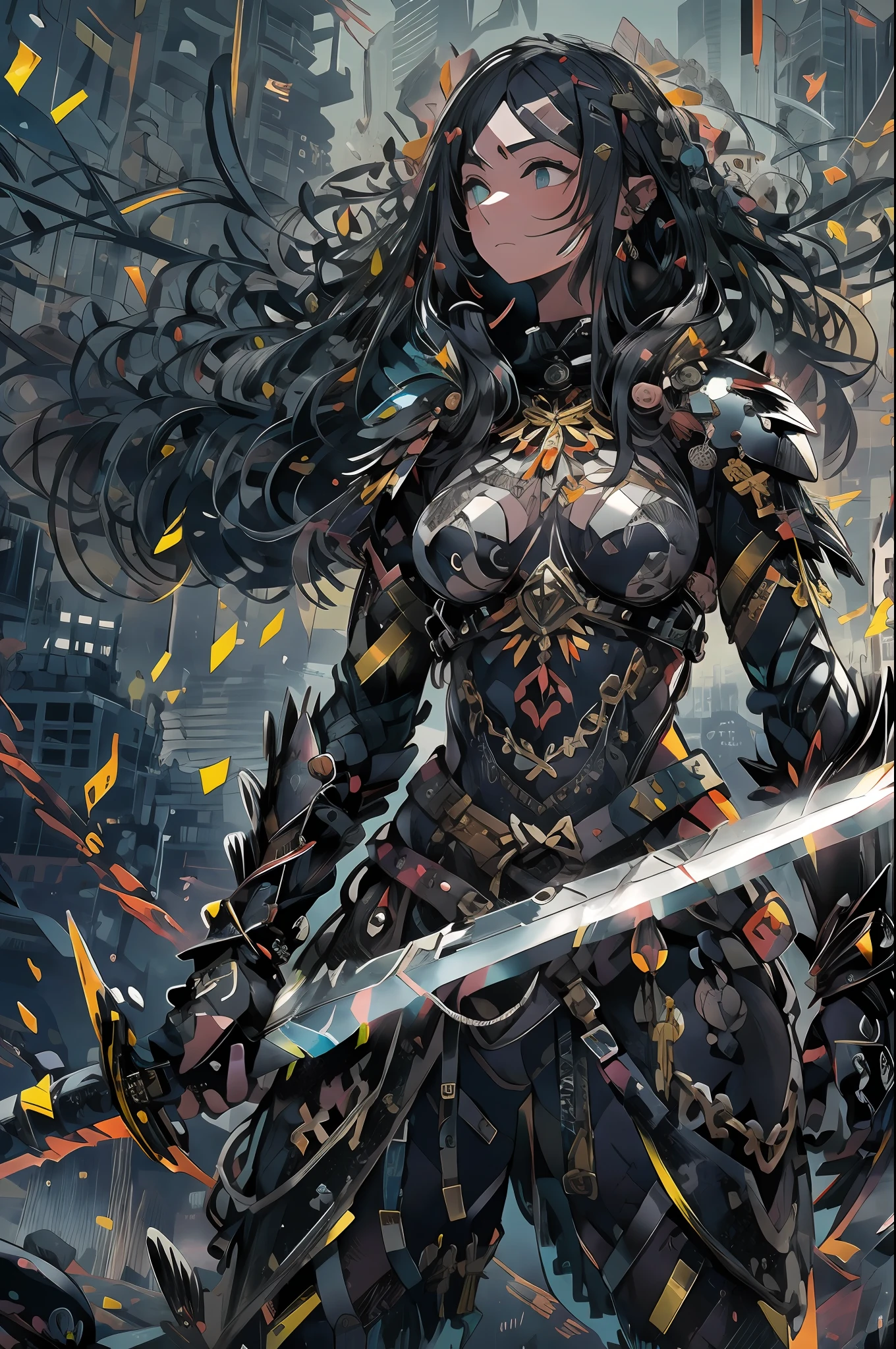 ​masterpiece, top-quality, hightquality, abyssal, awardwinning photo, depth of fields, nffsw, ighly detailed, trending on artstationh, Trending in CGSighbour, Convoluted, high detailing,This illustration is、It is a fantasy scene that emphasizes weight and strength.。Female warrior in black armor、Stand with a very large sword in each hand。Her armor is、Covered with thick and heavy steel plates、You can feel its weight and dignity.。The design of the armor is、Attention to detail、Carved patterns and reliefs exist、It symbolizes her pride and determination as a warrior。

Her expression was、Firm determination.、Eyes have a mysterious glow, As if staring into the distance。Her gaze is、It shows its inner strength and determination.、You can feel the fighting spirit hidden in her chest。

The surroundings include、Turbulent powder々Became glass、Sound and spectacle further accentuate the majestic atmosphere.。Steel armor and powder々The contrast of the glass that became、Symbolizes the trials of the female warrior's past and her indomitable will。

This illustration is、Through the figure of a female warrior with strength and solidity、It depicts a message of strength and courage to overcome adversity。