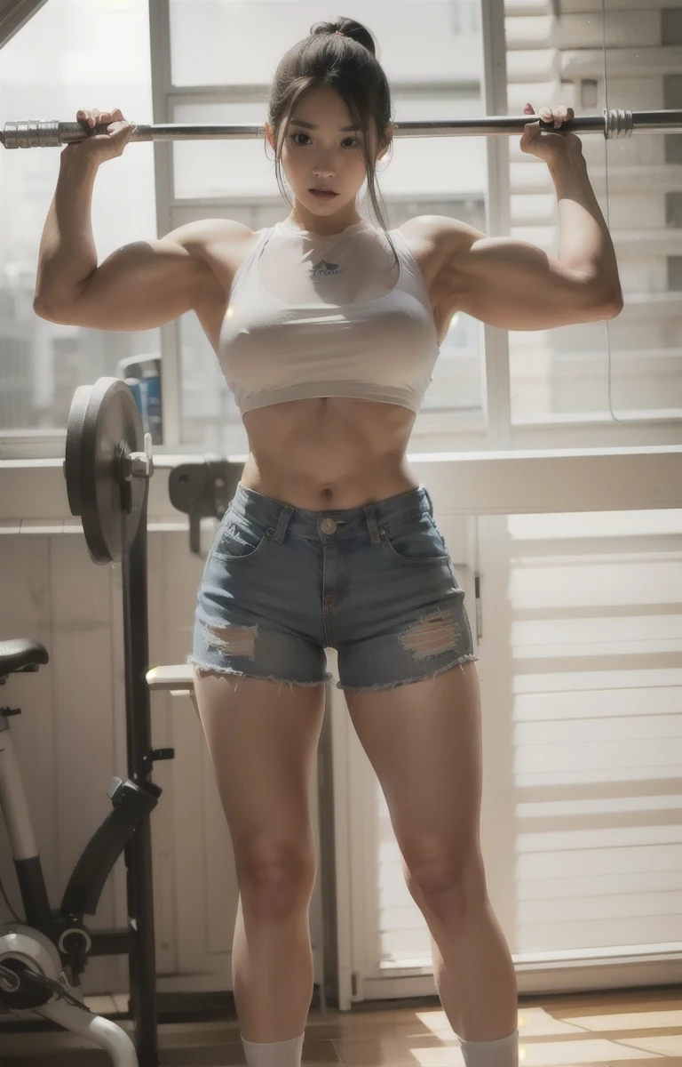 Masterpiece, super detailed, extremely detail, ulzzang,realistic photography,white skin,muslce detailed, veins, good anatomy, perfect body, 1 girl:1.3,A woman, wavy hair bangs, short hair,white top maxy, extremely huge breast, breast squeezed together,white skin,pull up,holding pull up bar,hang on pull up bar, muscle,front view,full body:1.8,Torn short pants,muscular, female focus,outdoor, sweaty,masterpiece